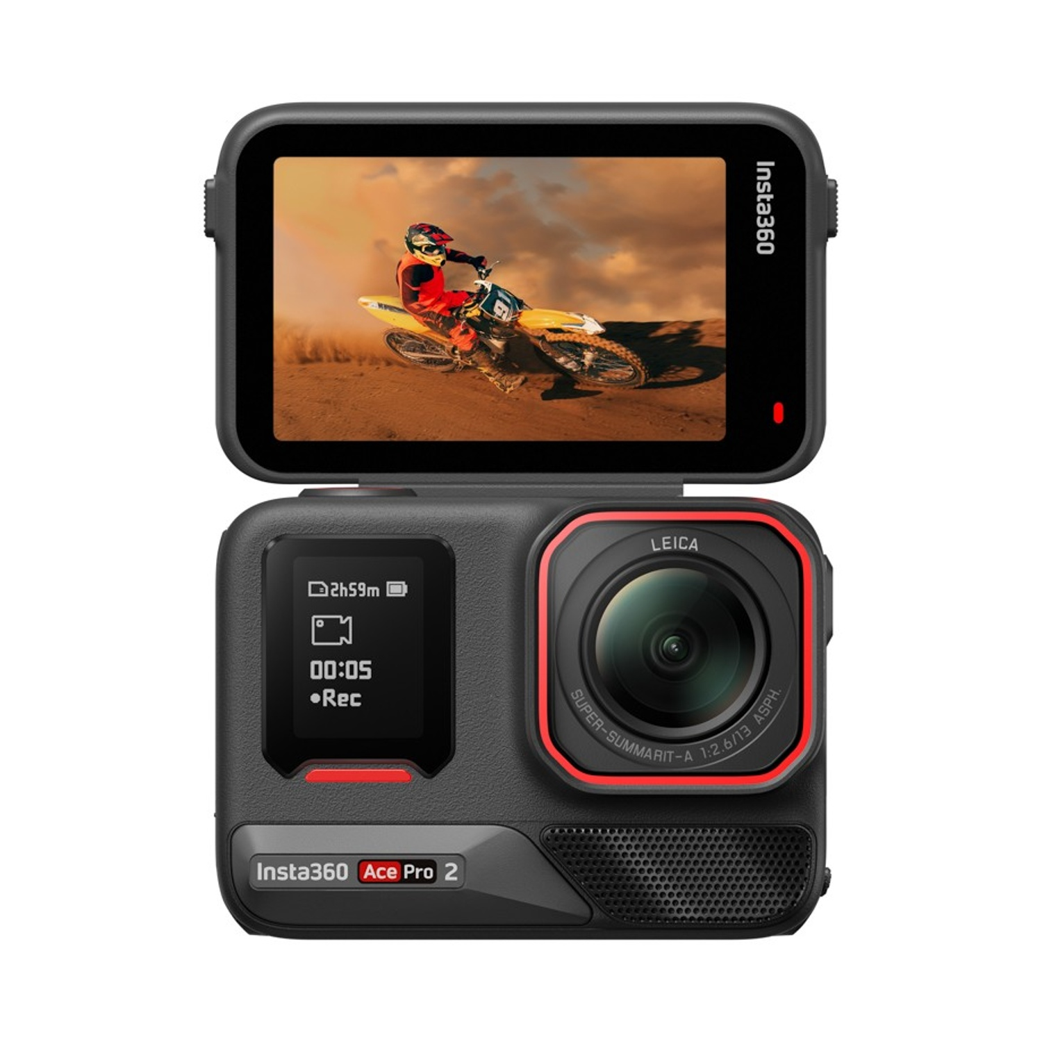 Fotocamera Insta360 Ace Pro 2 con motociclista sullo schermo. Include obiettivo Leica e stato di registrazione.