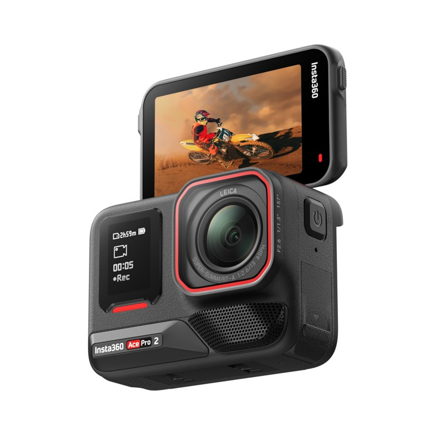 Fotocamera nera Insta360 Ace Pro 2, schermo con motociclista, lente Leica, visualizzazione del tempo di registrazione e logo Insta360.