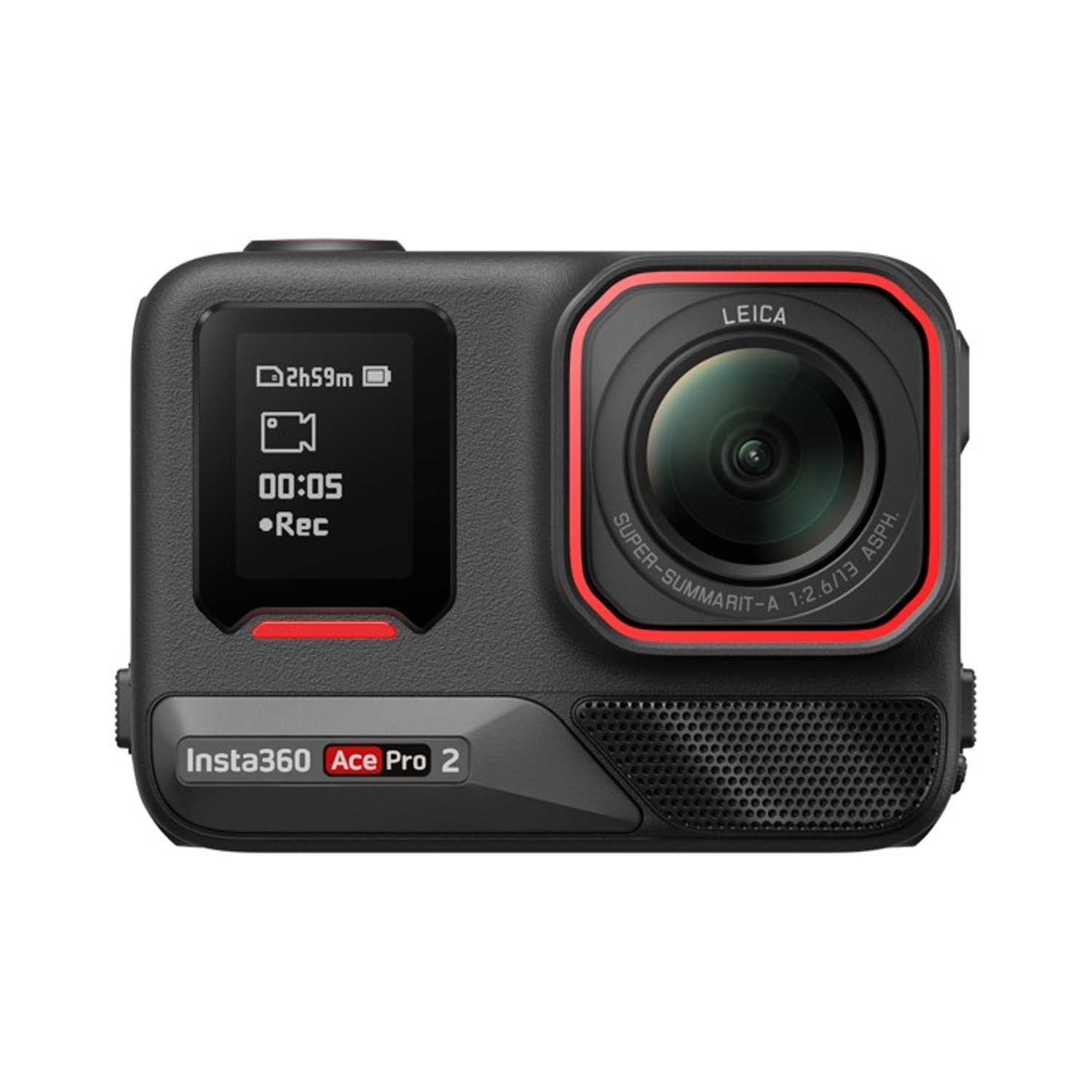 Fotocamera nera Insta360 Ace Pro 2, in registrazione. Ha uno schermo che mostra il tempo di registrazione, un obiettivo Leica e dettagli rossi.
