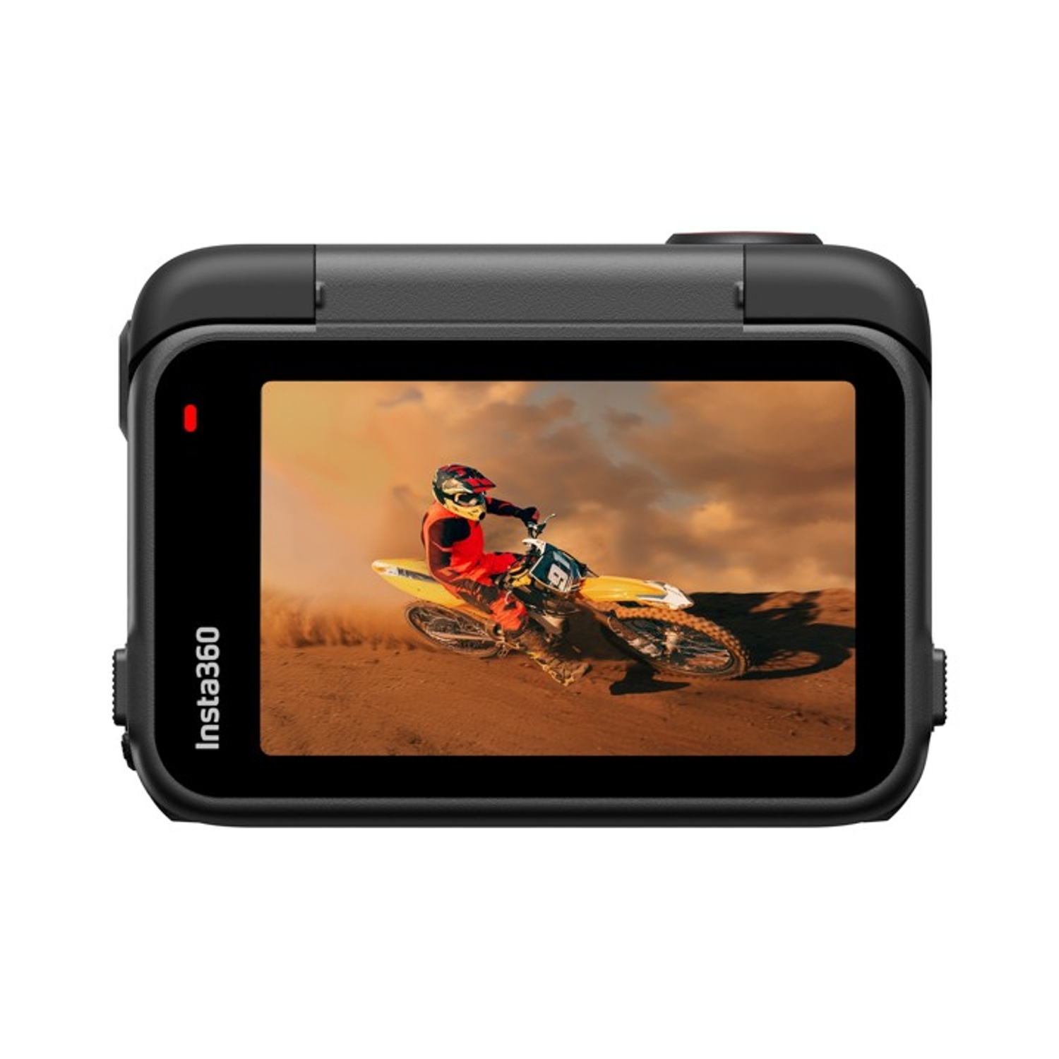 Una fotocamera Insta360 mostra un pilota di motocross su una moto gialla. Il pilota indossa un casco ed è in movimento su una pista sterrata.