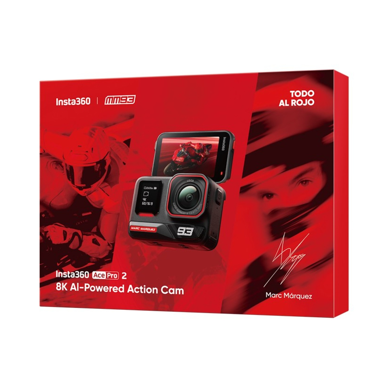 Scatola rossa con una fotocamera Insta360 Ace Pro 2. Uno schermo mostra una moto, e la firma di Marc Marquez è sulla scatola.