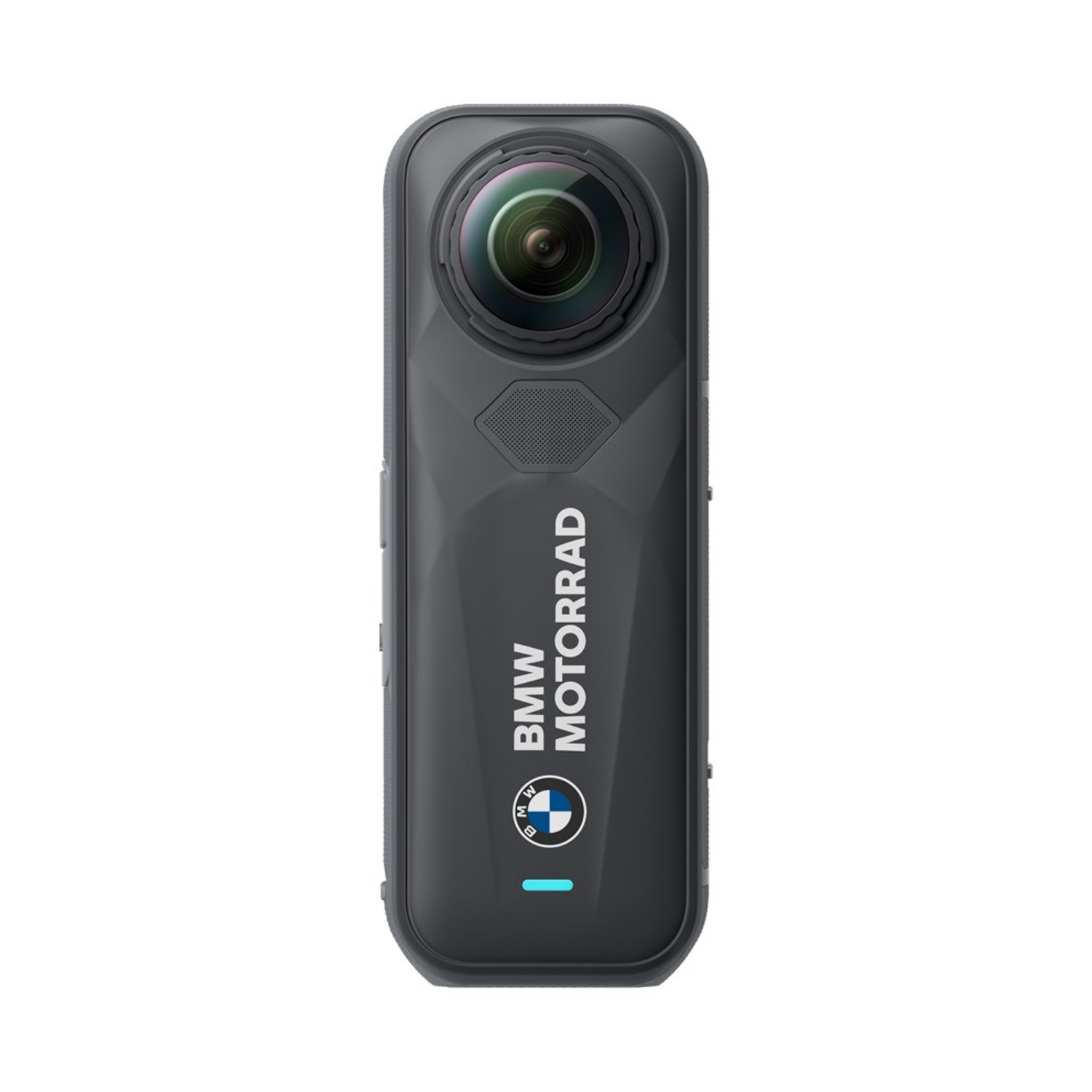 Una fotocamera nera BMW Motorrad con un grande obiettivo in alto. Il logo BMW e il testo Motorrad sono visibili.