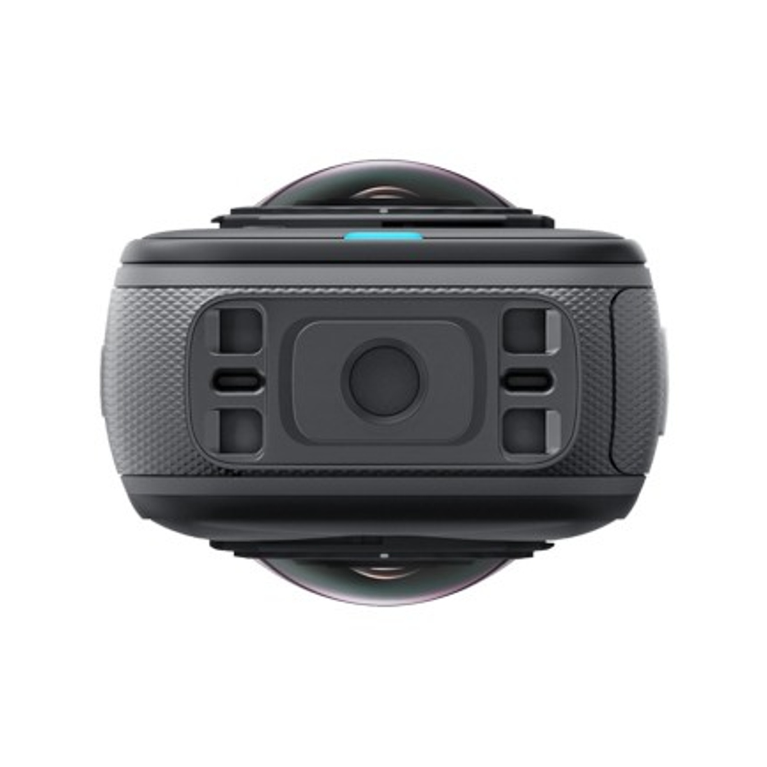 Una action camera nera e grigia con due lenti, quattro pulsanti e una lente centrale è mostrata su sfondo bianco.