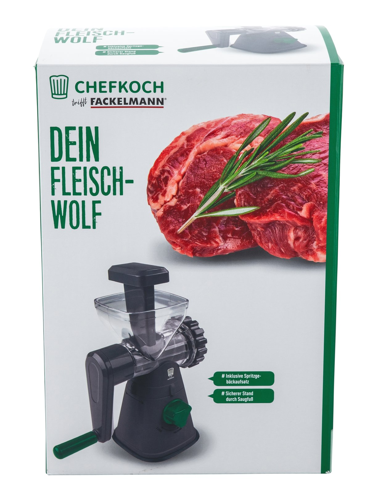 Box mit Fleischwolf und rohem Fleisch mit Rosmarin. Auf der Box steht 'DEIN FLEISCH-WOLF' und 'CHEFKOCH trifft FACKELMANN'.