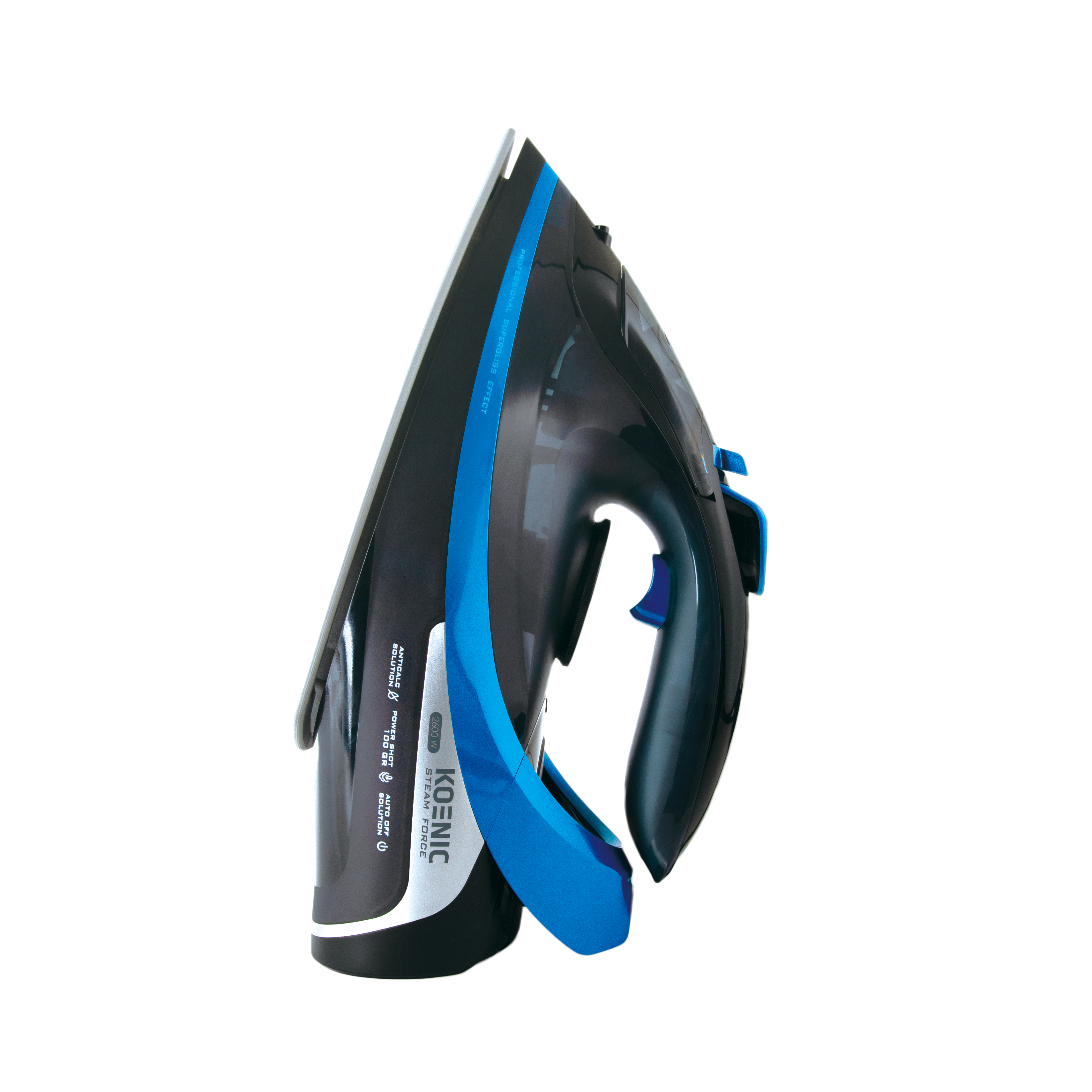 Ein schwarz-blaues Bügeleisen der Marke Koenic. Das Bügeleisen hat einen blauen Griff und Dampfeinstellungen.