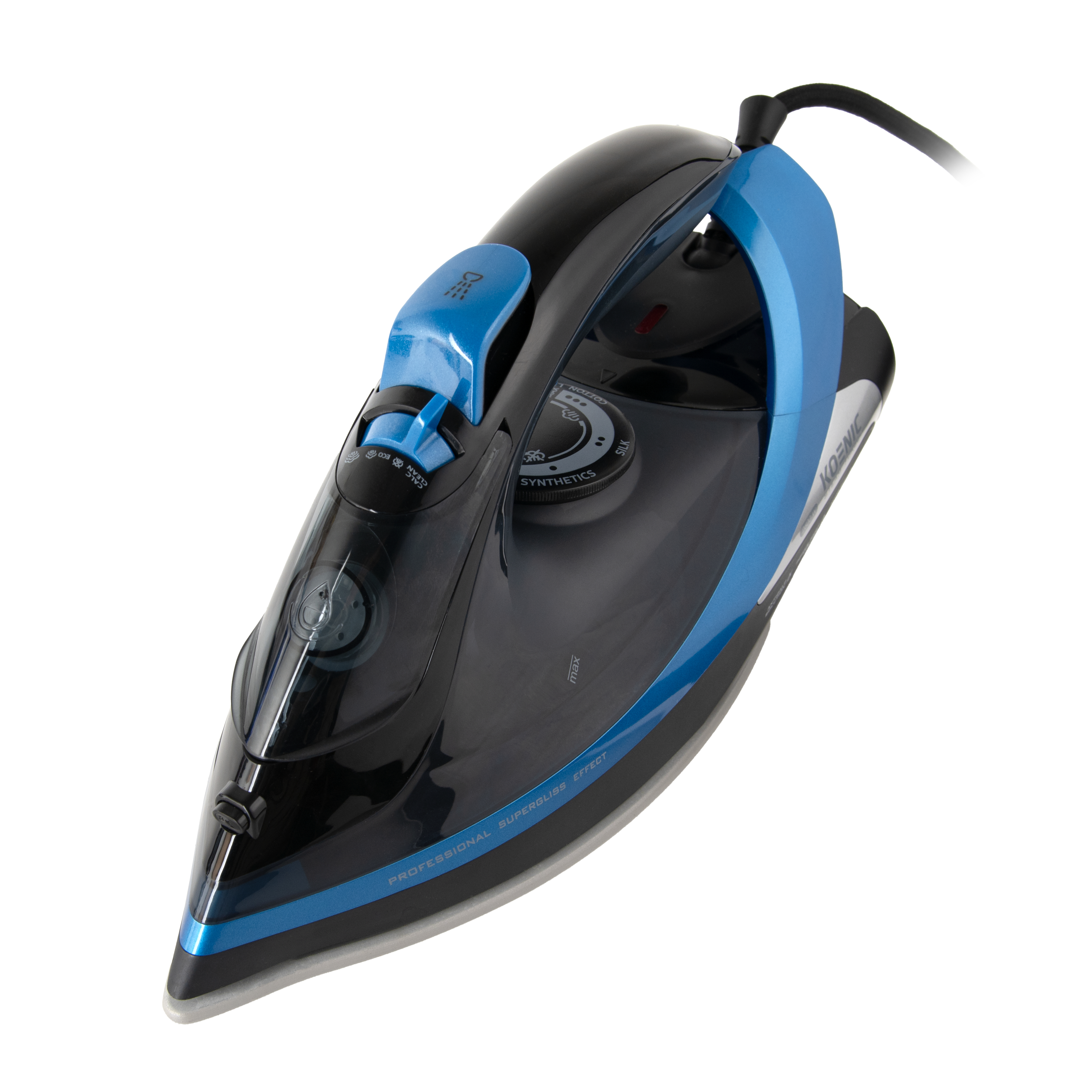 Schwarzes und blaues Bügeleisen mit schwarzem Kabel. Es hat eine Temperaturregelung und einen blauen Griff. Weißer Hintergrund.
