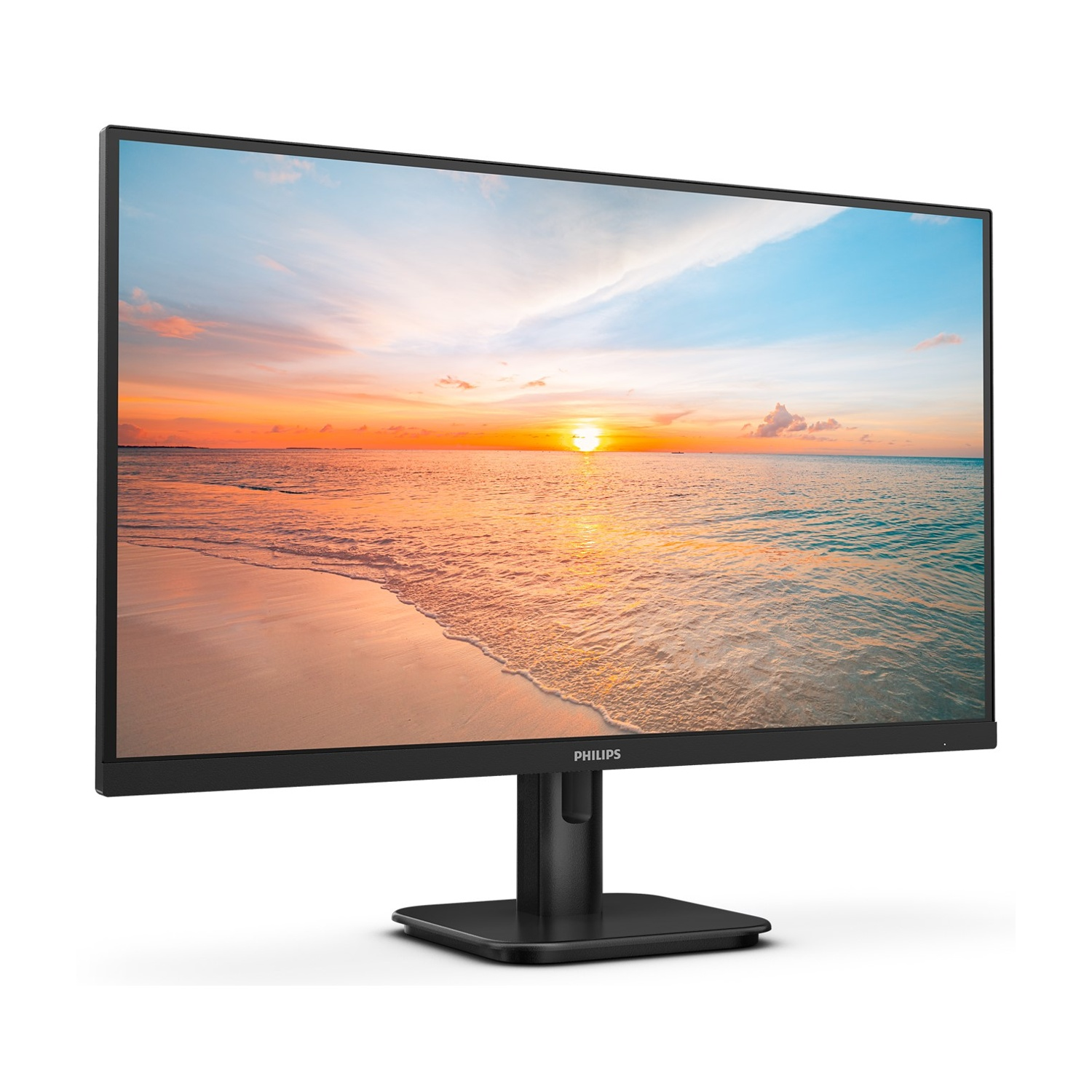 Un monitor del computer nero mostra una scena del tramonto sulla spiaggia. Il monitor è su un supporto nero, su sfondo bianco.