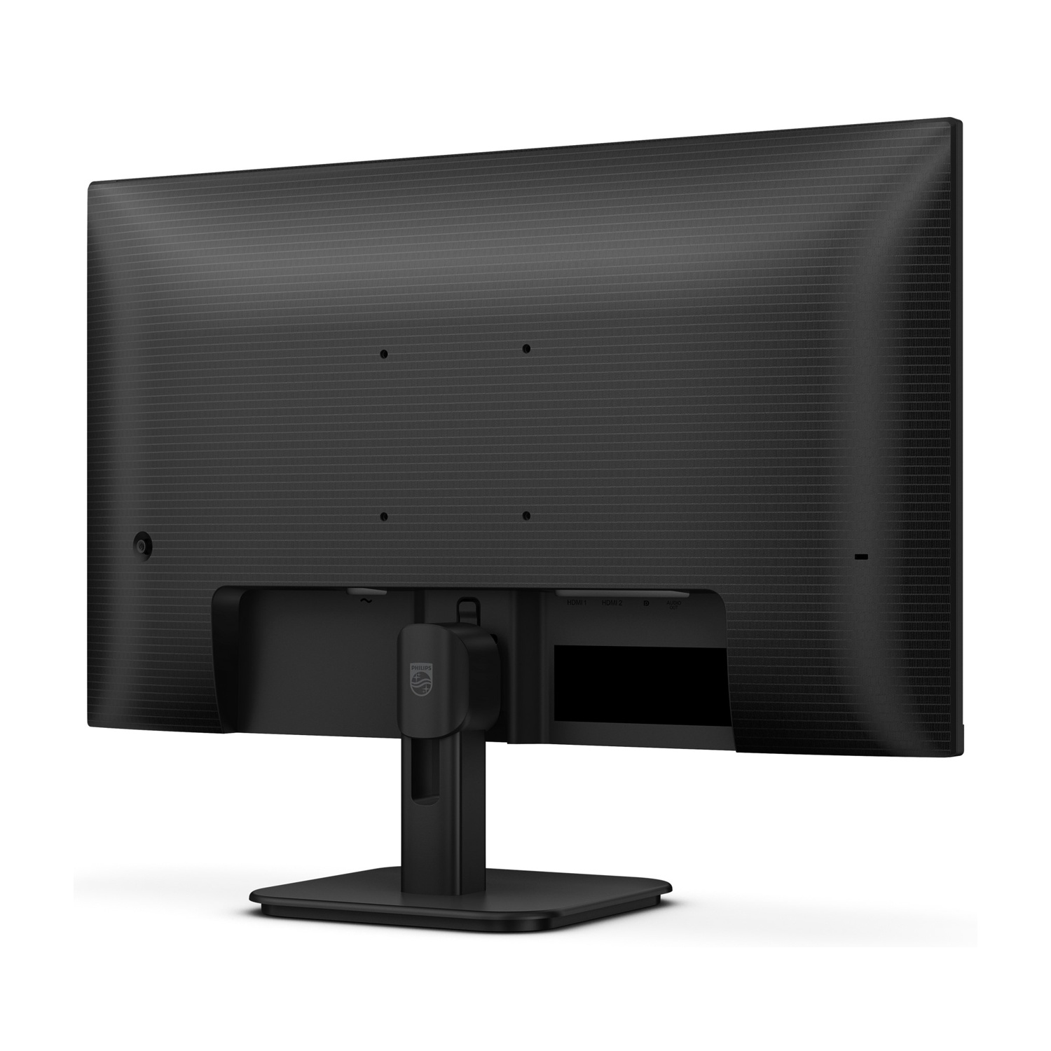 Un monitor per computer nero, vista posteriore. Ha un supporto, delle porte e il logo Philips. È su sfondo bianco.