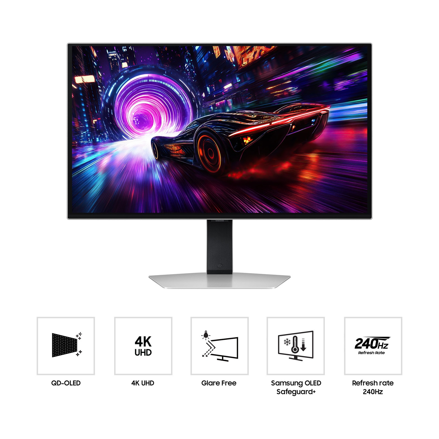 Un monitor mostra un'auto futuristica che corre in un tunnel illuminato al neon. Le icone indicano QD-OLED, 4K UHD, Glare Free, OLED Safeguard+ e frequenza di aggiornamento a 240Hz.