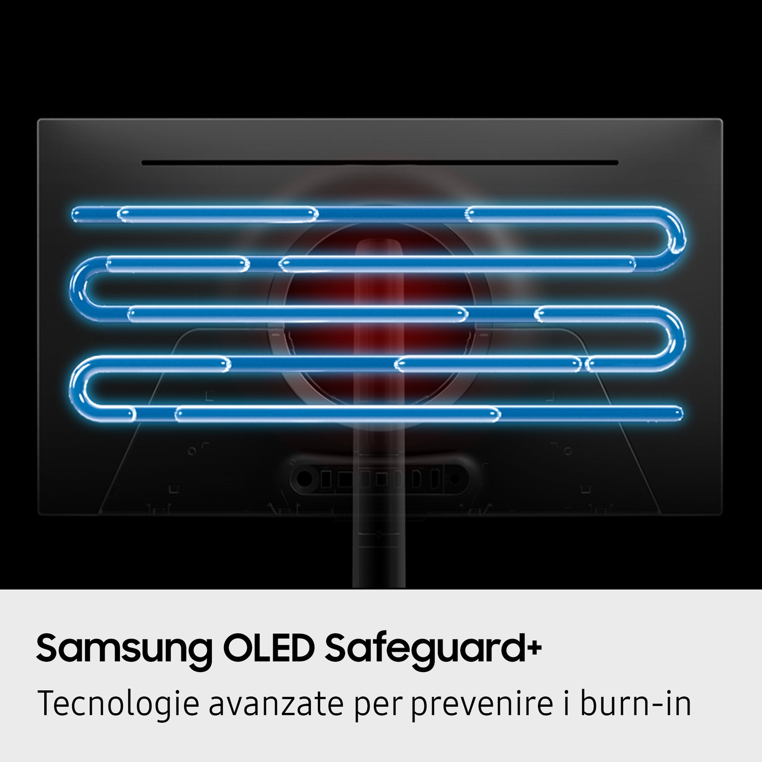 Retro monitor nero, linee blu luminose, centro rosso. Testo: Samsung OLED Safeguard+ e testo italiano sotto.
