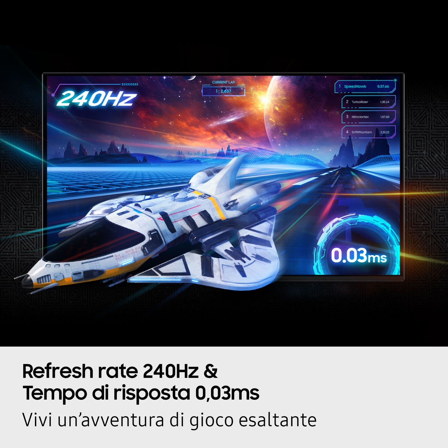 Un'astronave da corsa su una pista, con pianeti sullo sfondo e numeri visualizzati sullo schermo.