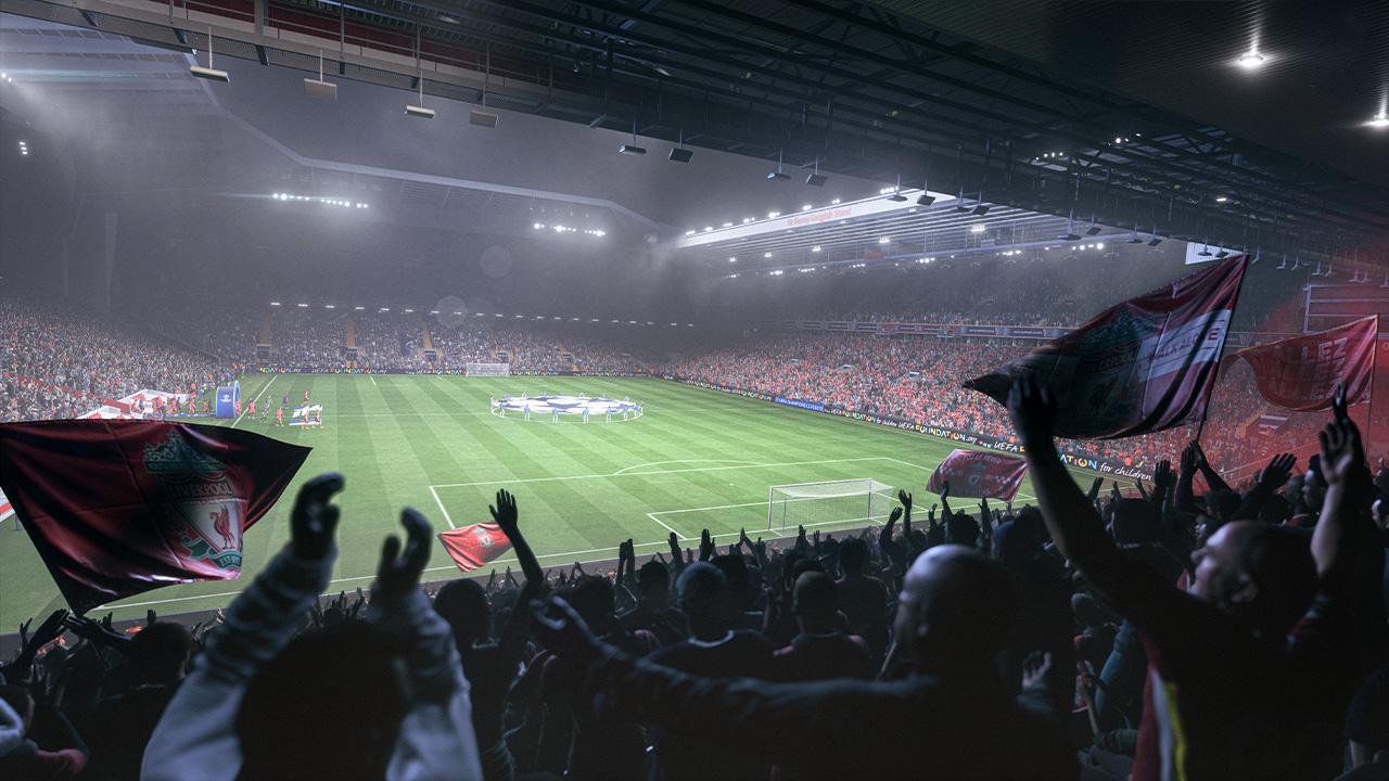 Ein überfülltes Fußballstadion. Fans schwenken Fahnen mit Wappen. Spieler auf dem Feld. Stadionlichter beleuchten die Szene.