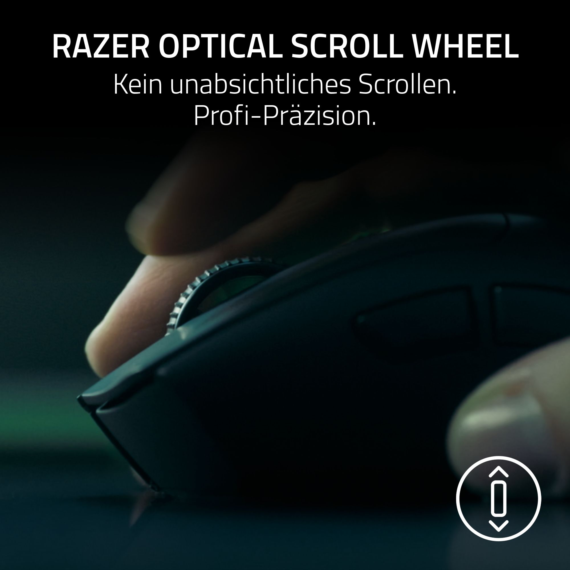 Eine Hand scrollt an einem Razer-Mausrad. Rad und Maus sind schwarz. Text lautet: Razer Optical Scroll Wheel.