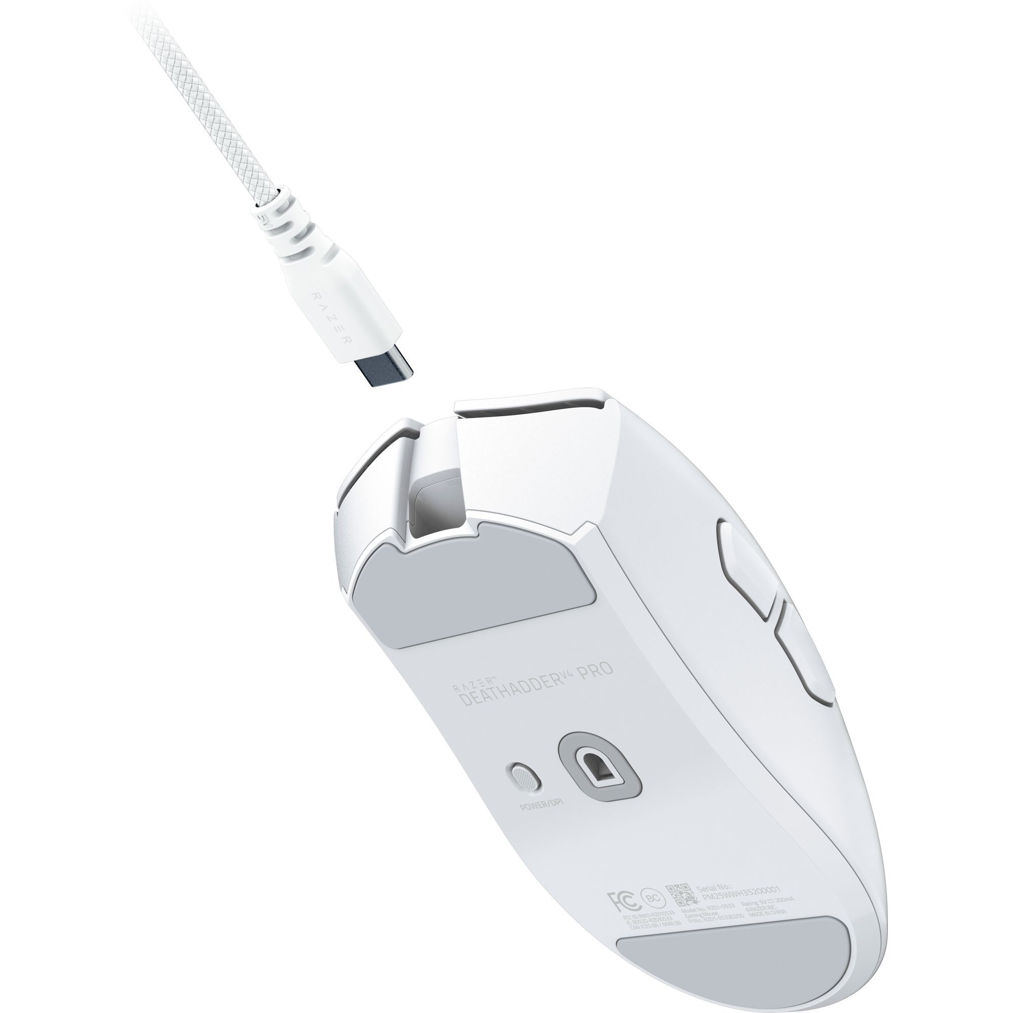 Weiße Razer DeathAdder V4 Pro Gaming-Maus mit USB-C-Kabel. Die Maus ist weiß mit grauen Akzenten und Razer-Markenzeichen.