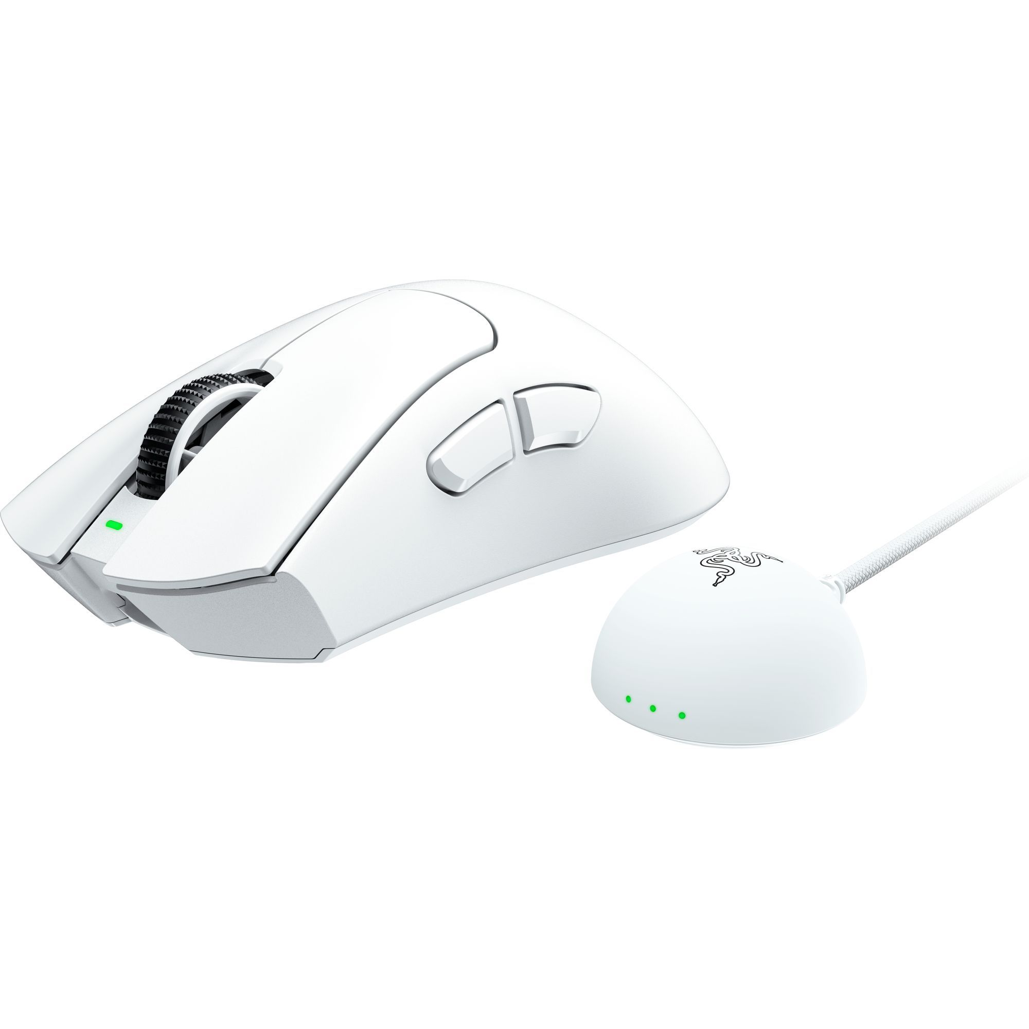 Eine weiße Gaming-Maus mit Ladestation. Die Maus befindet sich neben der Basis, beides auf weißem Hintergrund.