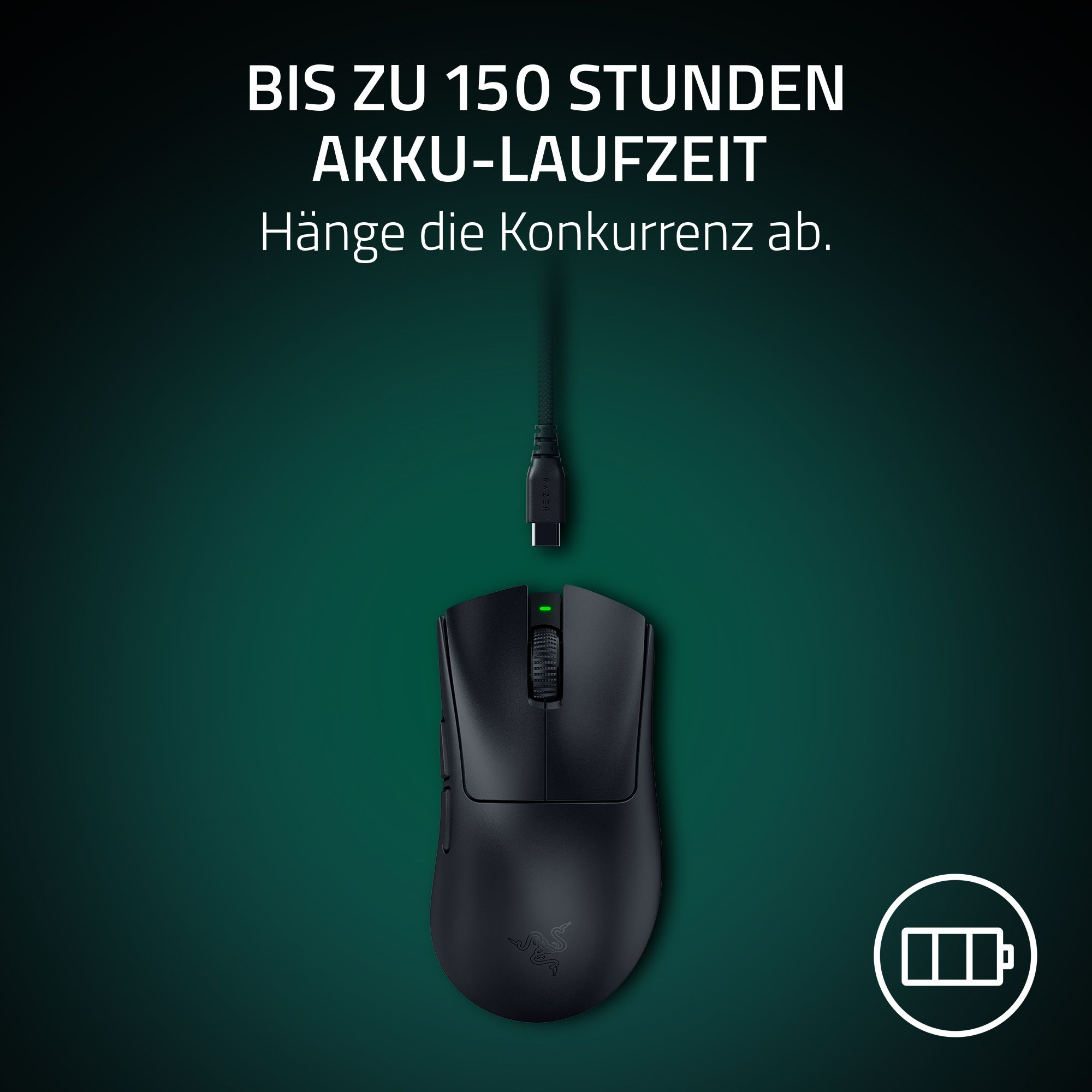 Schwarze Gaming-Maus mit Ladekabel, grünem Licht und einem Akkusymbol auf grünem Hintergrund.