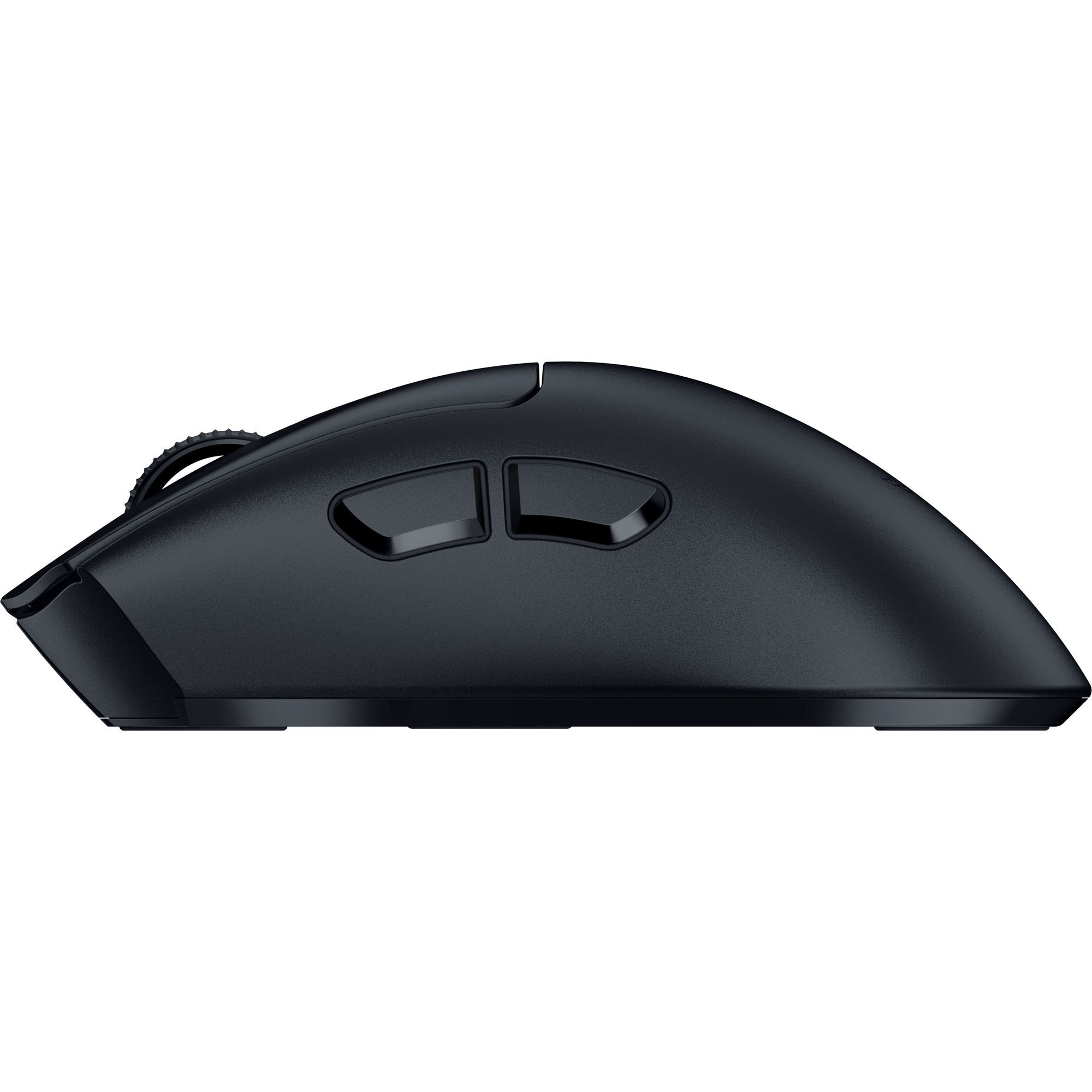 Seitenansicht einer schwarzen Computermaus. Sie hat zwei Seitentasten, ein Scrollrad und ein schlankes, ergonomisches Design.