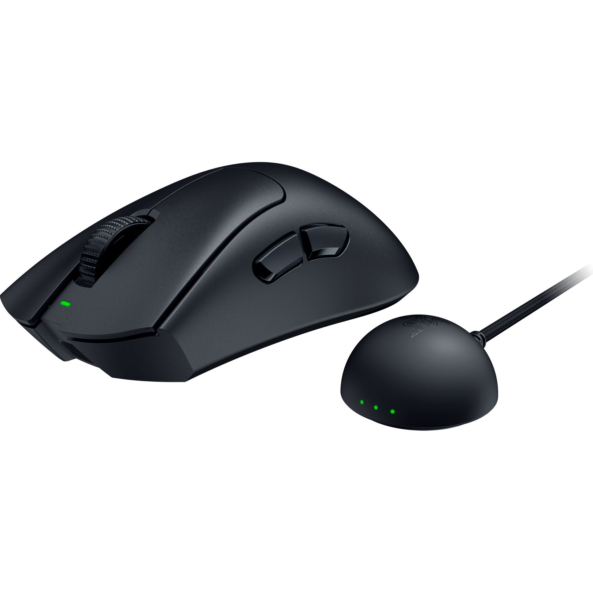 Schwarze kabellose Gaming-Maus mit Ladestation. Die Maus hat ein Scrollrad, Tasten und Lichter. Die Dockingstation hat Lichter und ein Kabel.