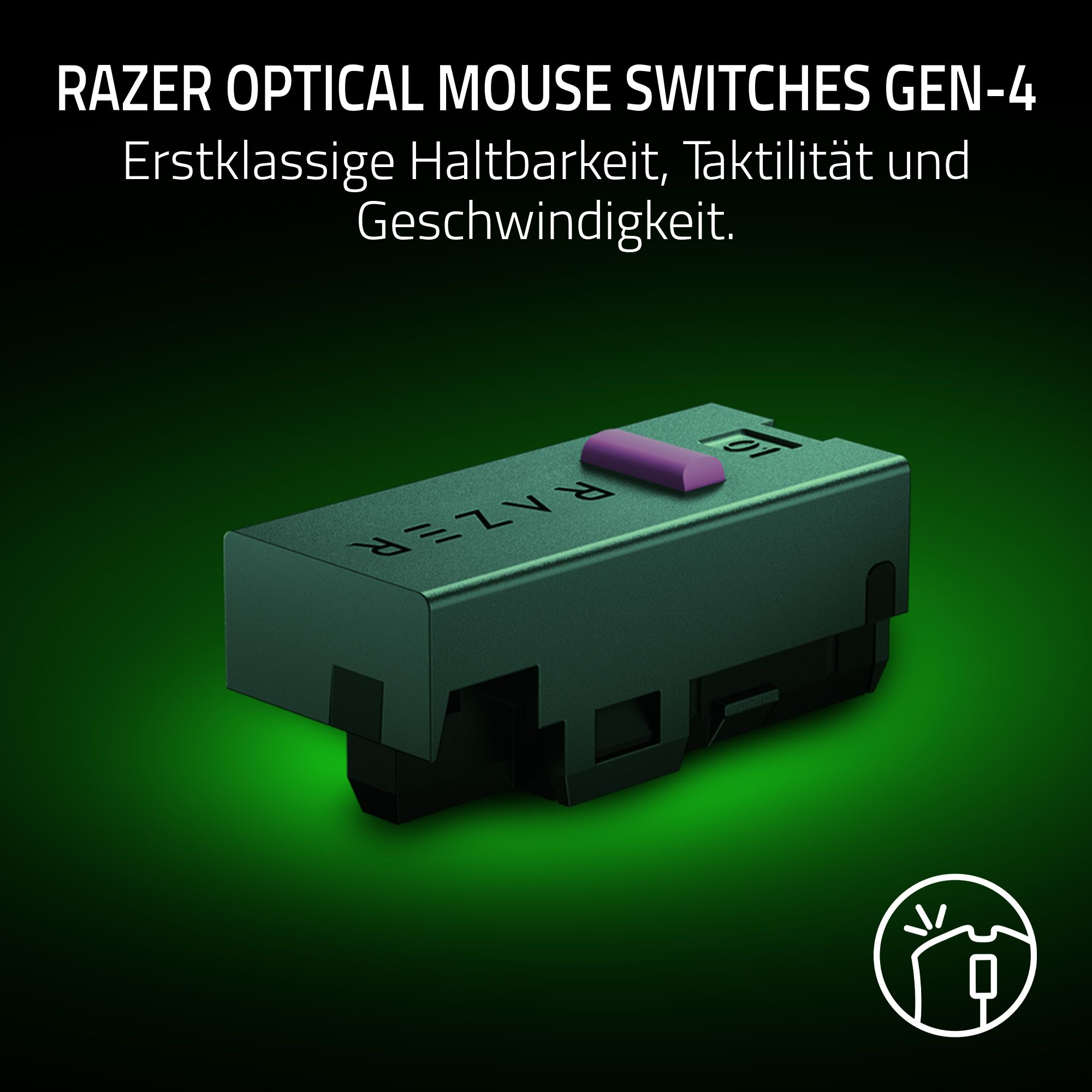 Ein Razer optischer Mausschalter. Dunkelgrüner Körper mit lila Knopf. Der Hintergrund ist grün mit Logo.