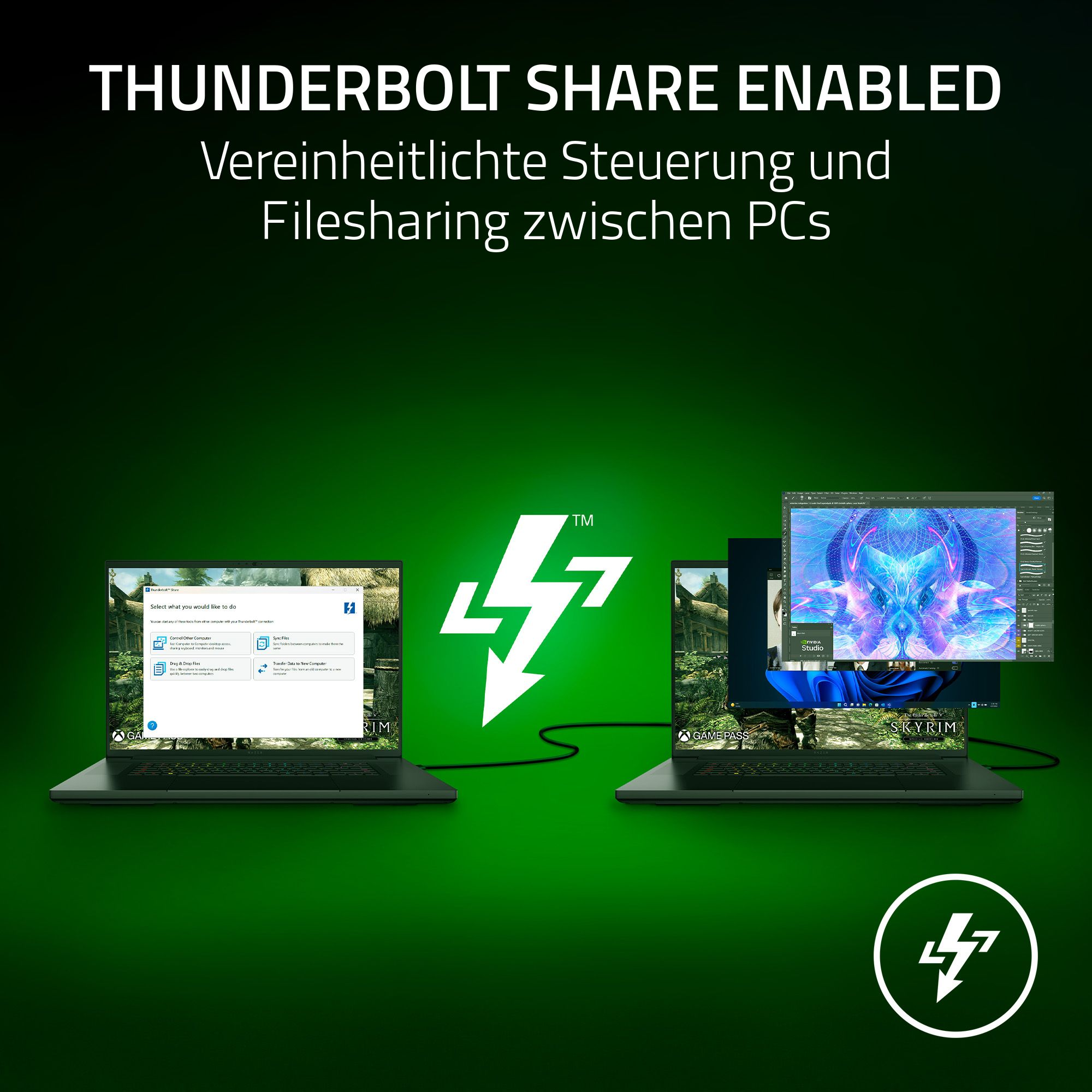 Zwei Laptops mit Kabel verbunden, mit Thunderbolt-Logo. Text: 'Share Enabled'.