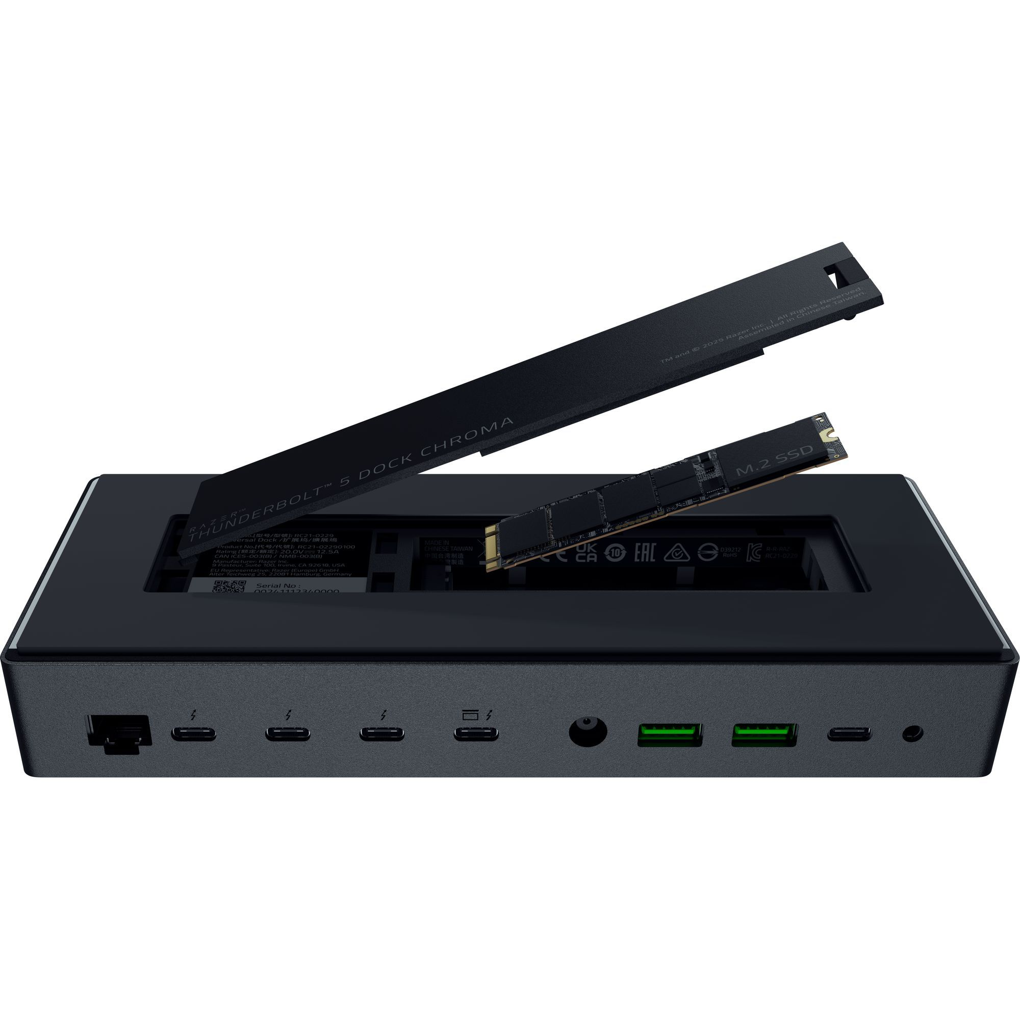 Schwarze Razer Thunderbolt 5 Dock mit M.2 SSD, Deckel geöffnet. Anschlüsse: Thunderbolt, USB und Audio.