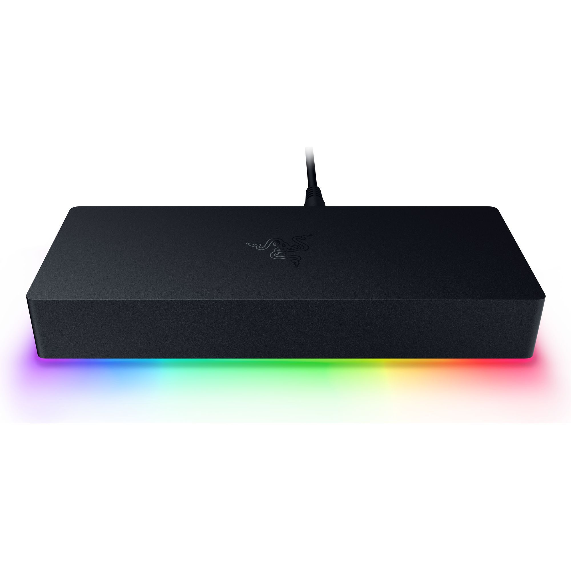 Schwarzes, rechteckiges Gerät mit einem Regenbogen-LED-Streifen an der Basis. Ein Kabel ragt aus der Oberseite heraus. Razer-Logo sichtbar.