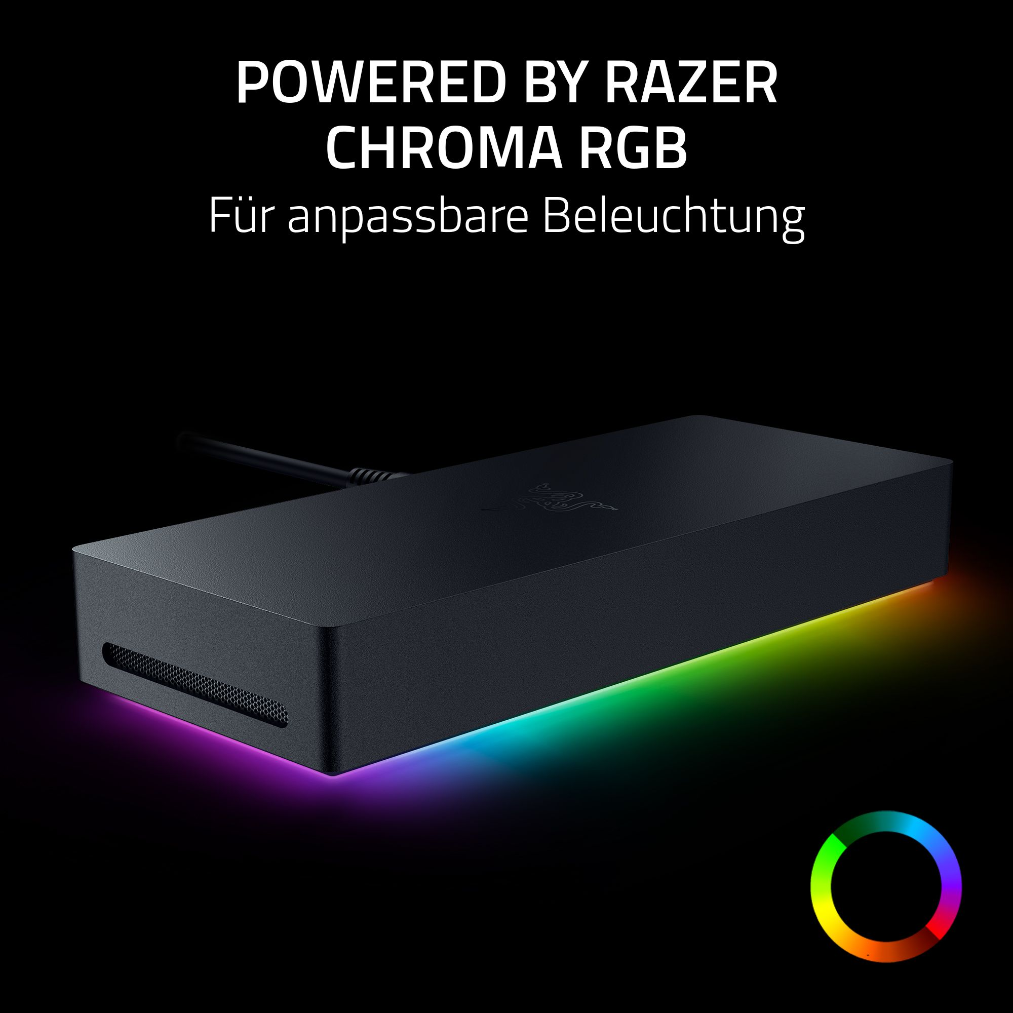 Schwarzes Razer Chroma RGB-Gerät mit farbenfrohem Unterlicht, Text: Powered by Razer Chroma RGB.