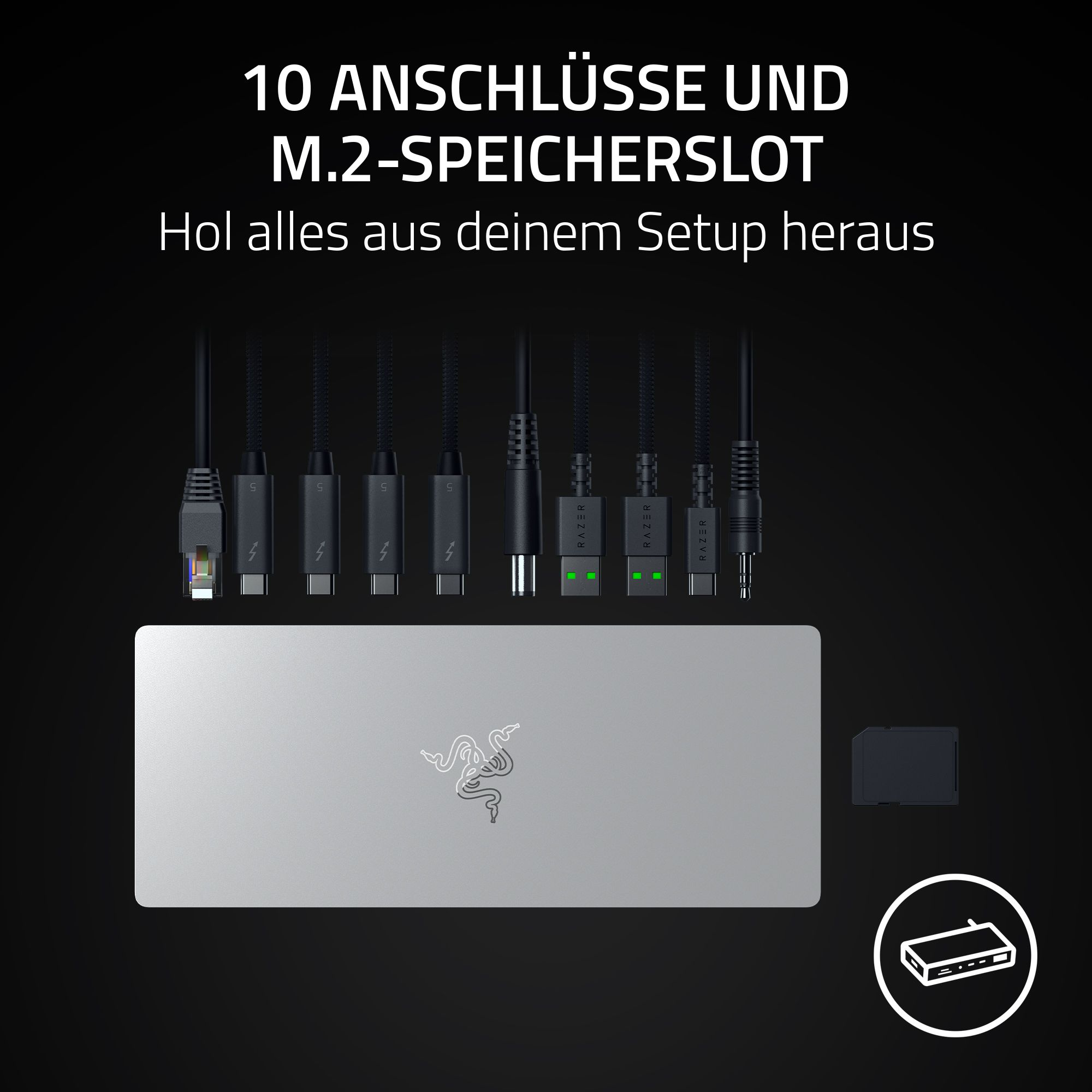 Ein Bild zeigt ein silbernes Gerät mit mehreren Anschlüssen und Kabeln. Text sagt '10 Anschlüsse'. Razer-Logo sichtbar.