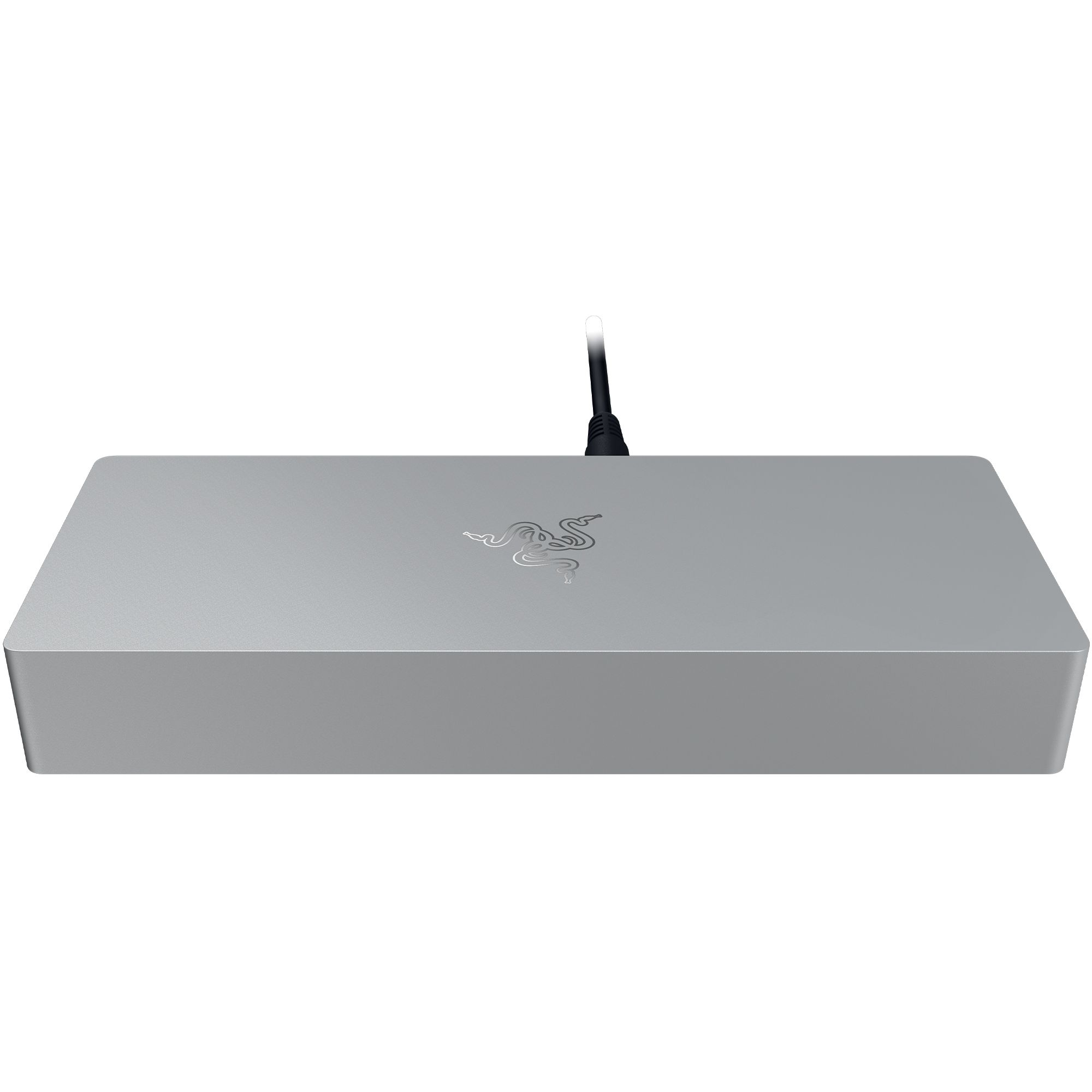 Eine silberne Razer-Ladestation mit einem schwarzen Kabel, das nach oben ragt. Das Razer-Logo ist auf der Oberseite zu sehen.