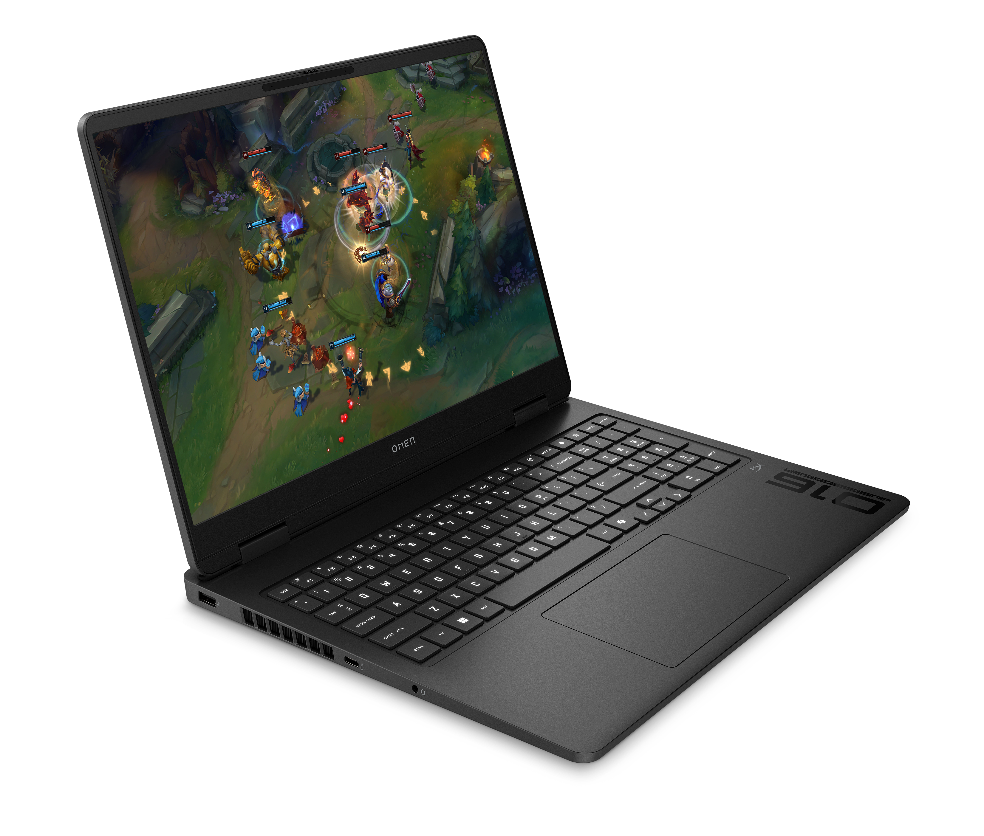 Ein schwarzer Laptop zeigt ein Spiel mit mehreren Charakteren. Der Laptop steht auf einer schwarzen Oberfläche. Das Logo OMEN ist sichtbar.