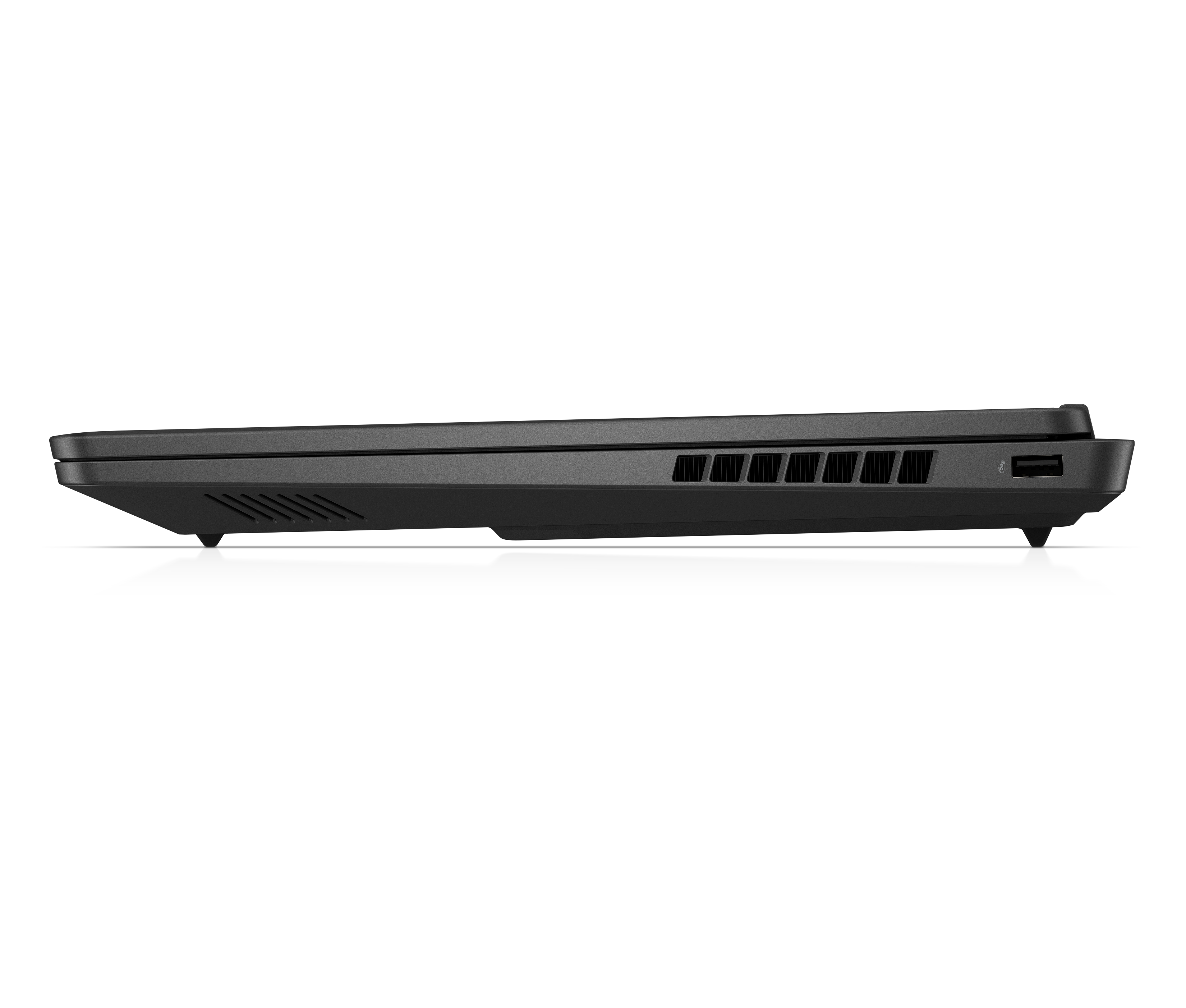 Seitenansicht eines schwarzen Laptops vor schwarzem Hintergrund. Mit Lüftungsschlitzen, Anschlüssen und leicht erhöhtem Bildschirm.