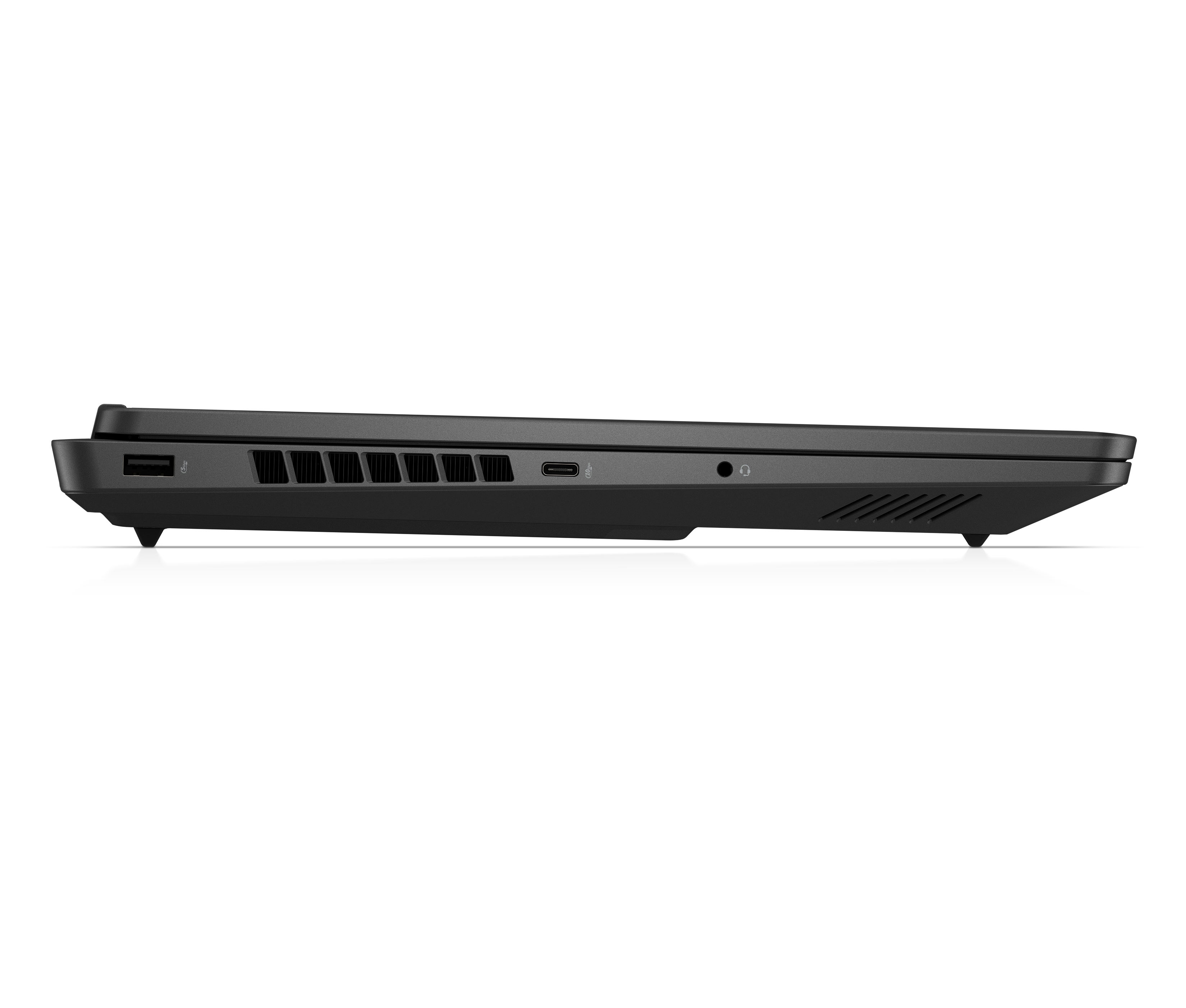 Seitenansicht eines schwarzen Laptops. Zeigt Anschlüsse, Lüftungsschlitze und einen Kopfhöreranschluss.