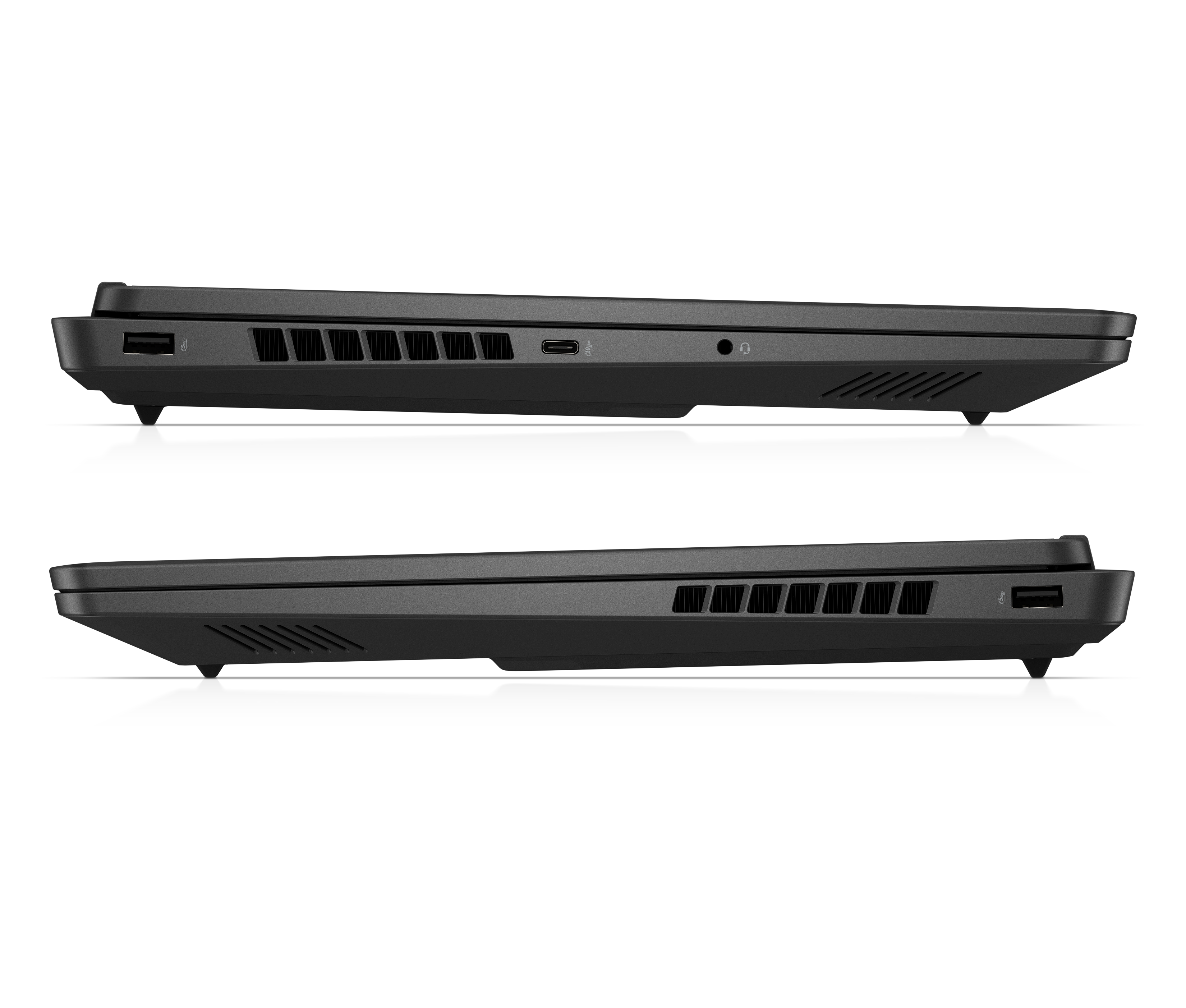 Zwei schwarze Laptops nebeneinander vor schwarzem Hintergrund. Die Laptops haben Lüftungsschlitze und Anschlüsse.