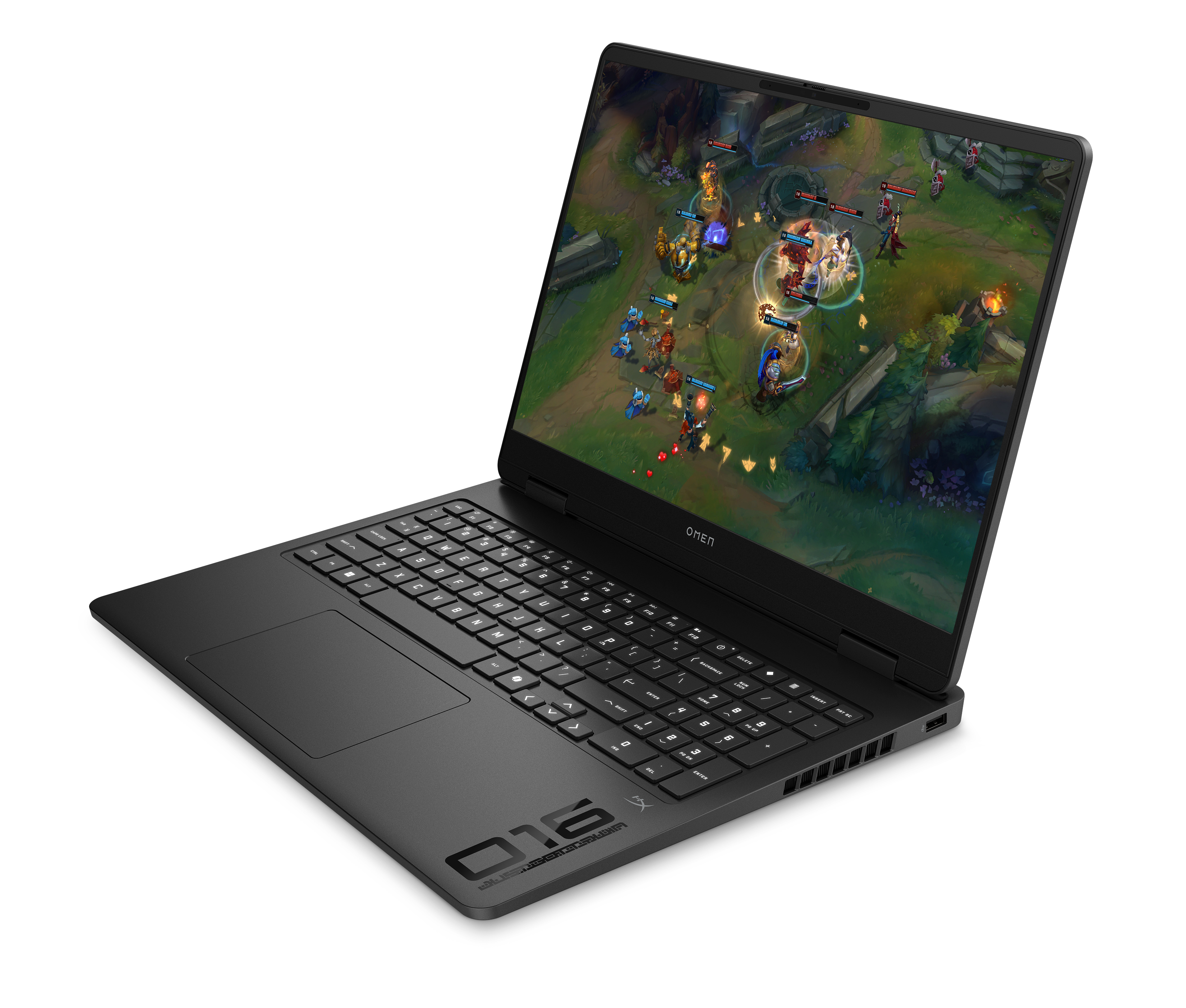 Ein schwarzer Laptop zeigt eine Videospielszene. Das OMEN-Logo ist sichtbar. Tastatur und Bildschirm sind im Fokus.