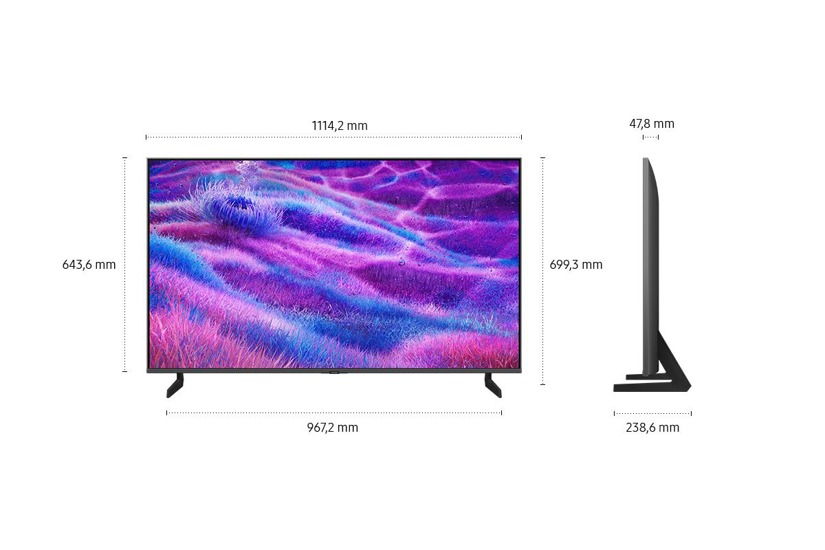 Ein Fernseher wird in Vorder- und Seitenansicht gezeigt. Abmessungen sind mit Etiketten versehen. Der Bildschirm hat ein farbenfrohes, verschwommenes Bild.