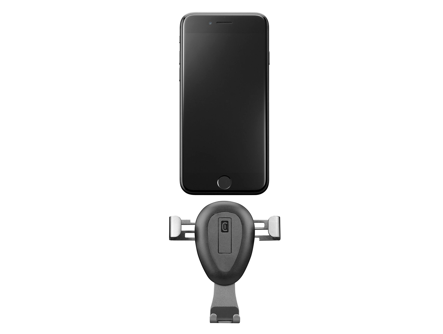 Un teléfono inteligente negro sobre un soporte para teléfono de coche sobre un fondo blanco. El teléfono está centrado, el soporte debajo.