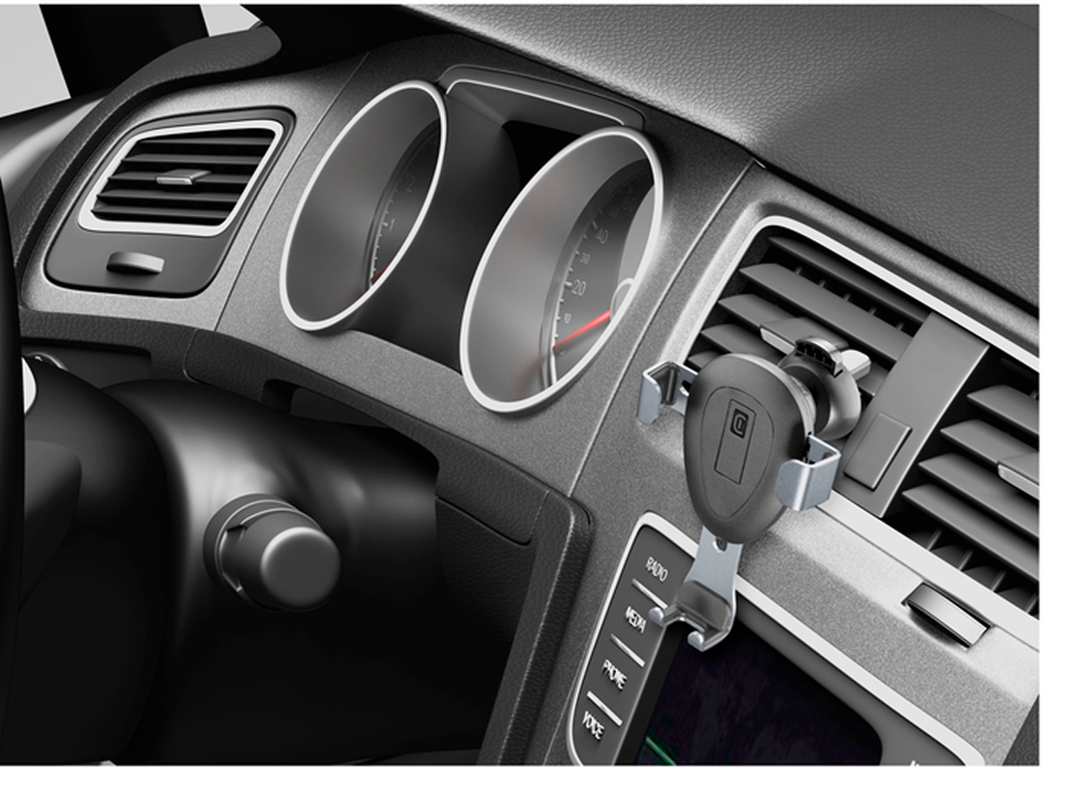 Panel del automóvil con indicadores, rejillas de ventilación y un soporte para teléfono. El coche es negro y gris.