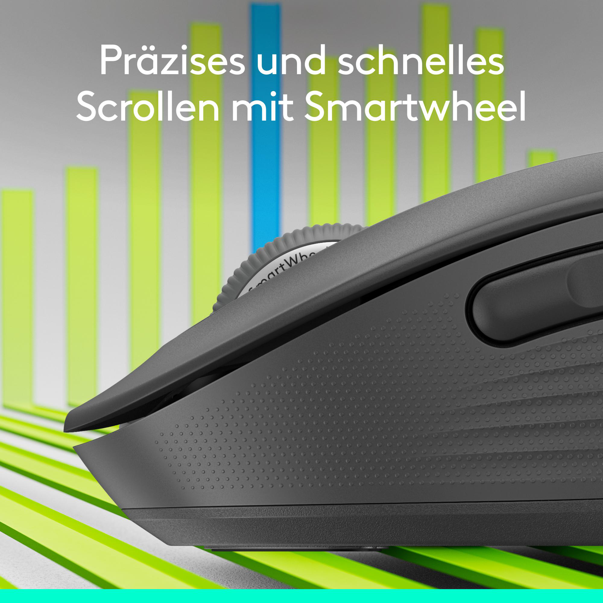 Eine schwarze Maus mit Smartwheel wird gezeigt. Im Hintergrund befinden sich grüne und blaue Balken.