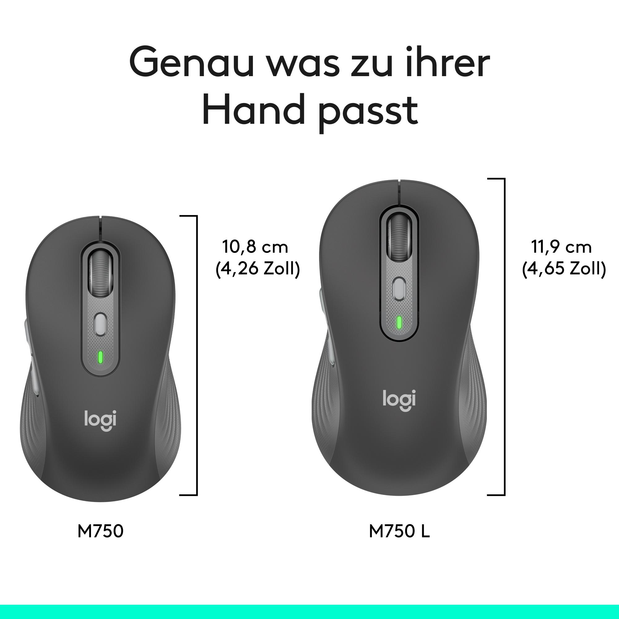 Das Bild zeigt zwei Logitech M750-Mäuse mit Größenvergleich. Eine ist 10,8 cm, die andere 11,9 cm. Text sagt: 'Passt zu Ihrer Hand'.