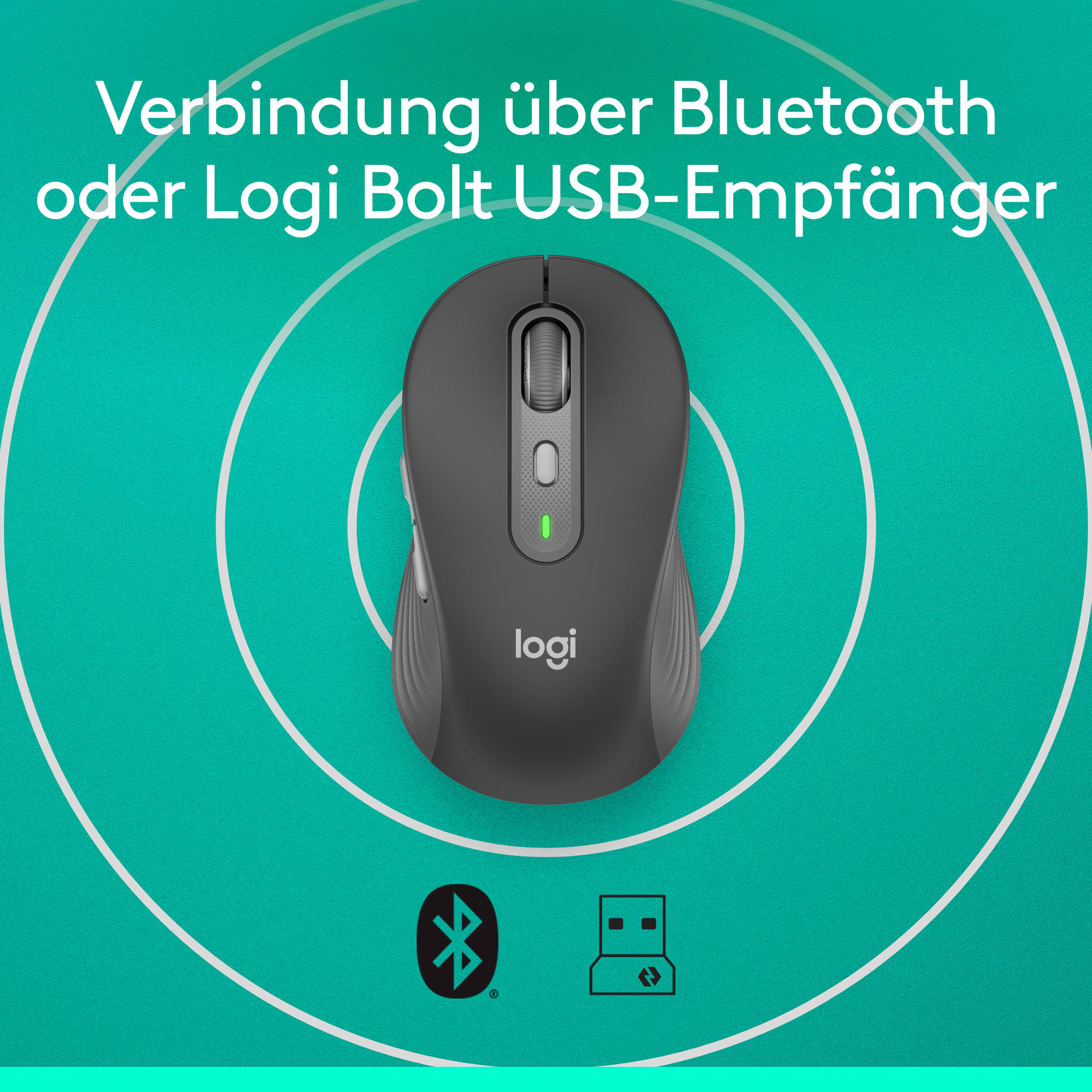 Schwarze Logitech-Maus auf grünem Hintergrund. Text: 'Verbindung über Bluetooth oder Logi Bolt USB-Empfänger'.