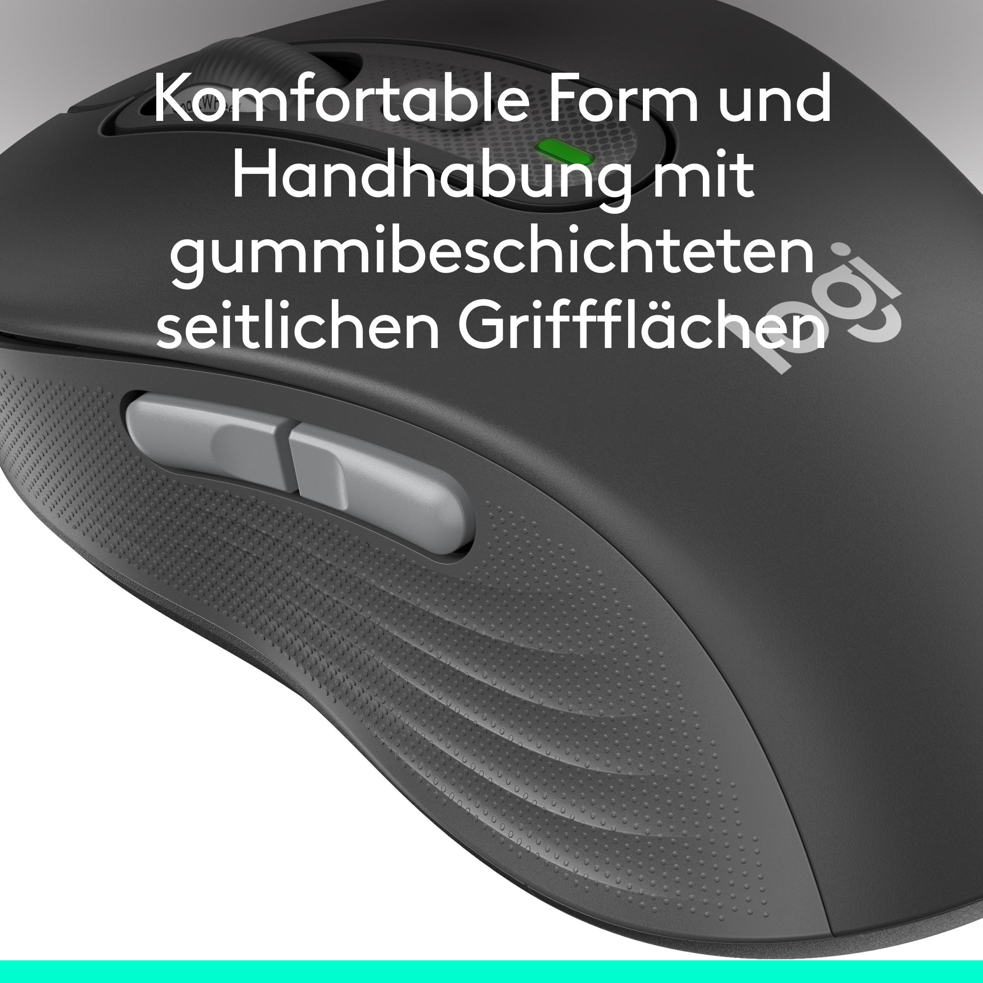 Schwarze Logitech-Maus mit grauen Tasten. Der Text besagt komfortable Form und gummierte Seitengriffe.
