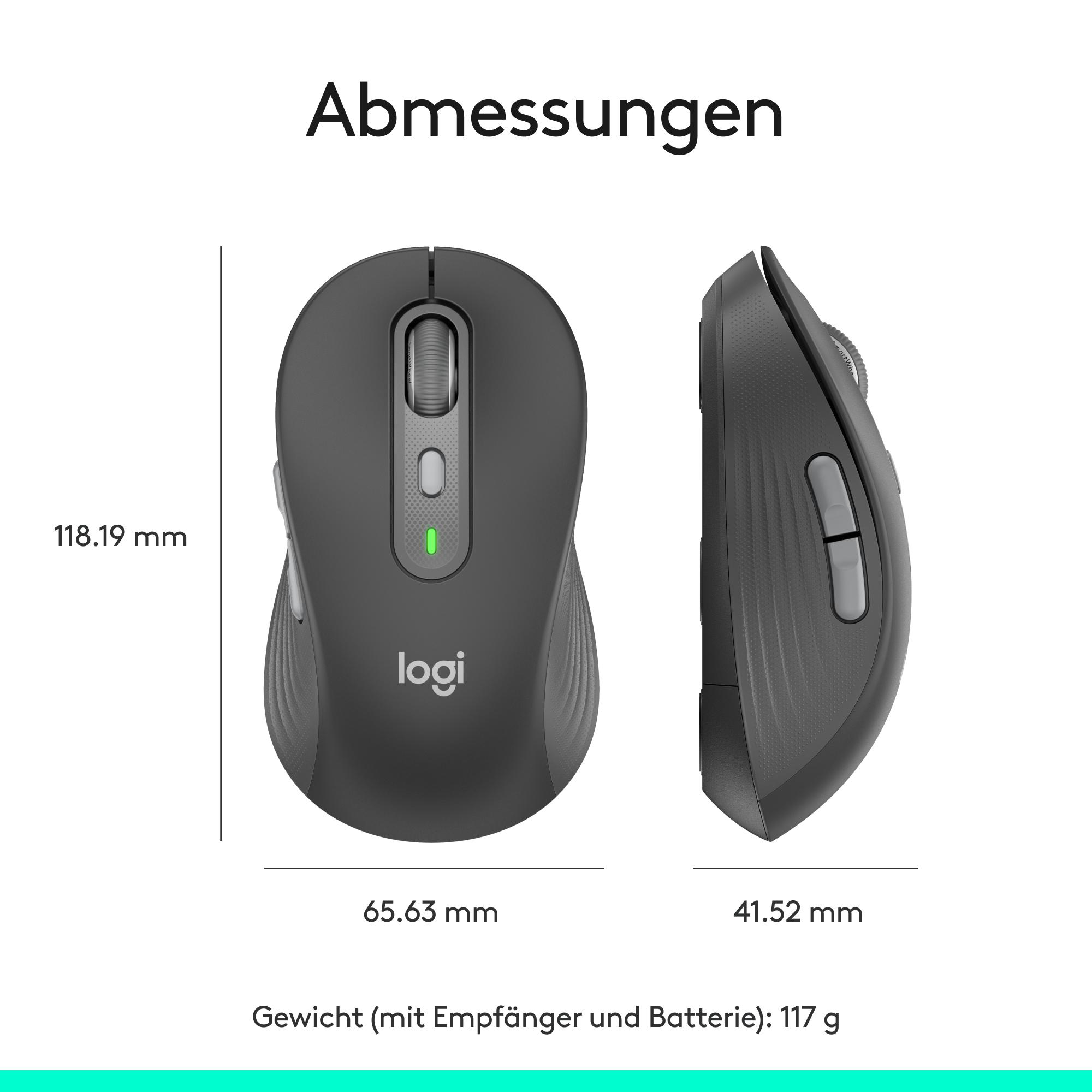 Eine schwarze Logitech-Maus, Seiten- und Draufsicht, mit Abmessungen. Die Maus hat ein Scrollrad und Tasten.