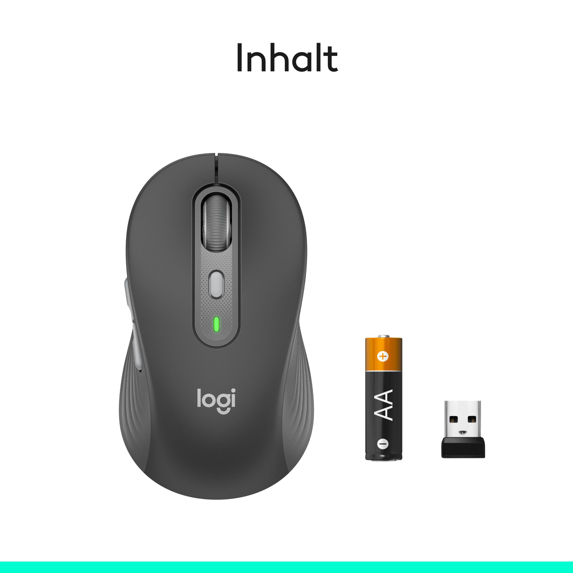 Eine schwarze Logitech-Maus, eine AA-Batterie und ein USB-Empfänger auf weißem Hintergrund. Text "Inhalt" oben.