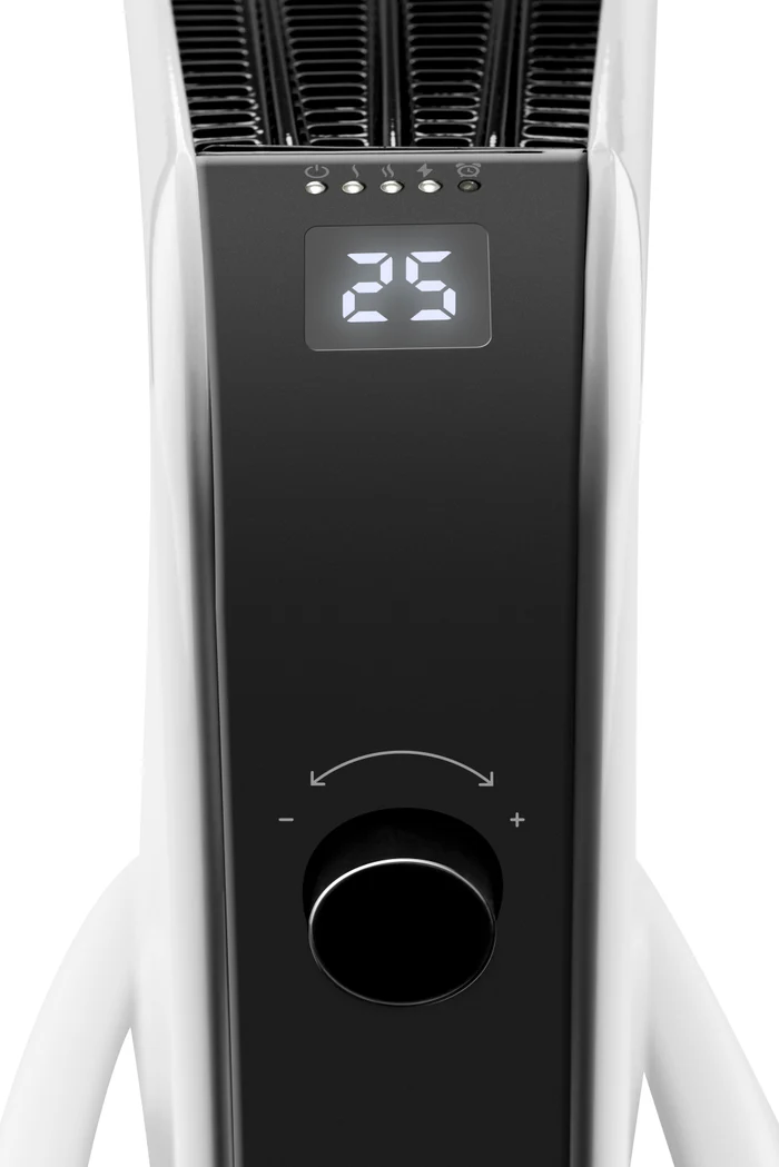 Egy fehér és fekete elektromos fűtőtest. Egy digitális kijelzőn a '25' látható, alatta egy szabályozó gombbal.