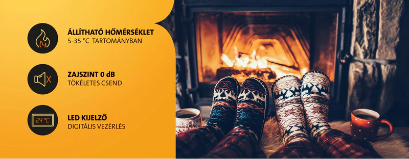 Mintás zoknis lábak a kandalló mellett, kávéscsészékkel, hőmérséklet, csend és digitális kijelző felirattal.