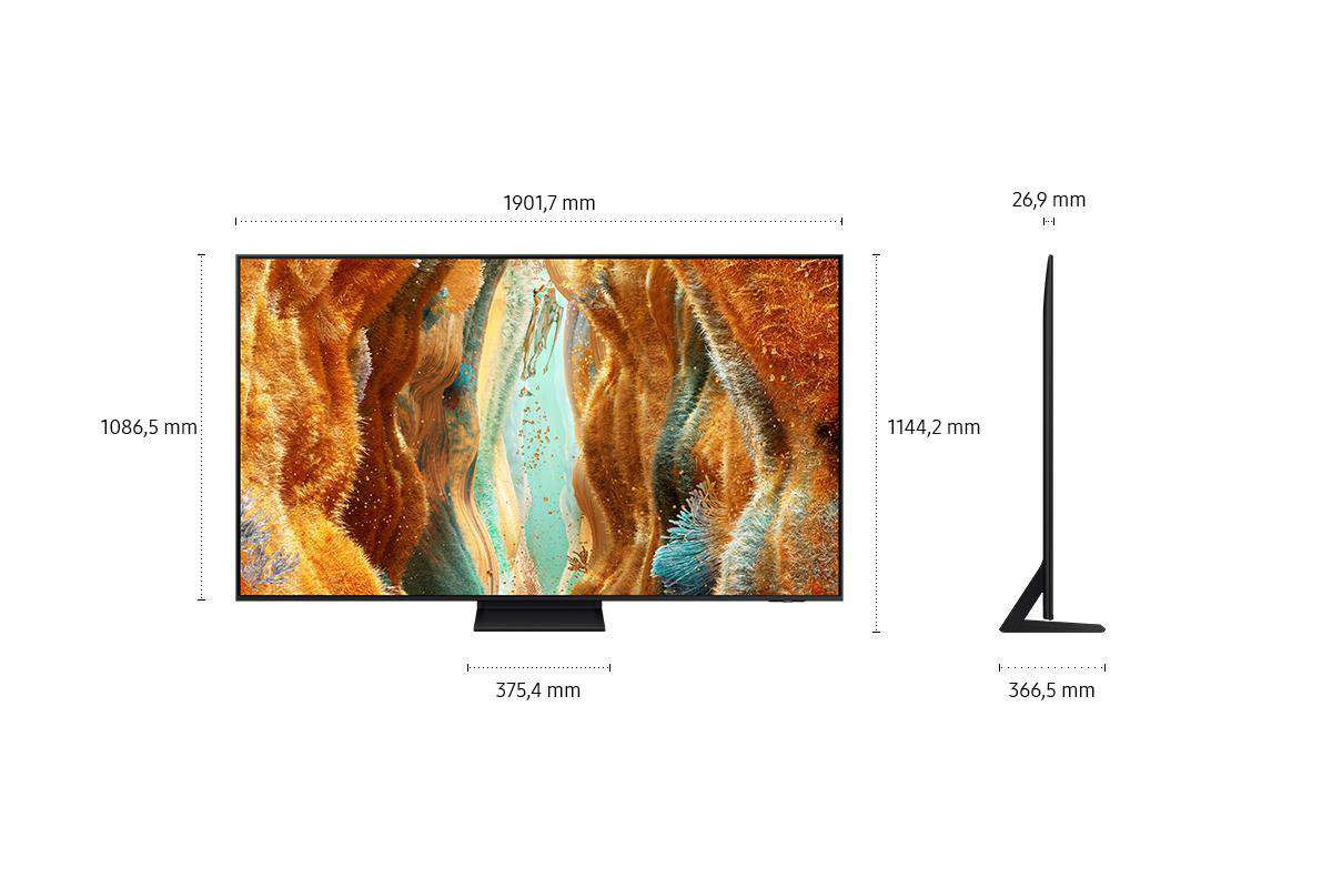 TV-Bildschirm mit farbenfrohem, abstraktem Bild. Abmessungen: 1901,7 mm breit, 1086,5 mm hoch. Seitenansicht zeigt 26,9 mm Dicke.