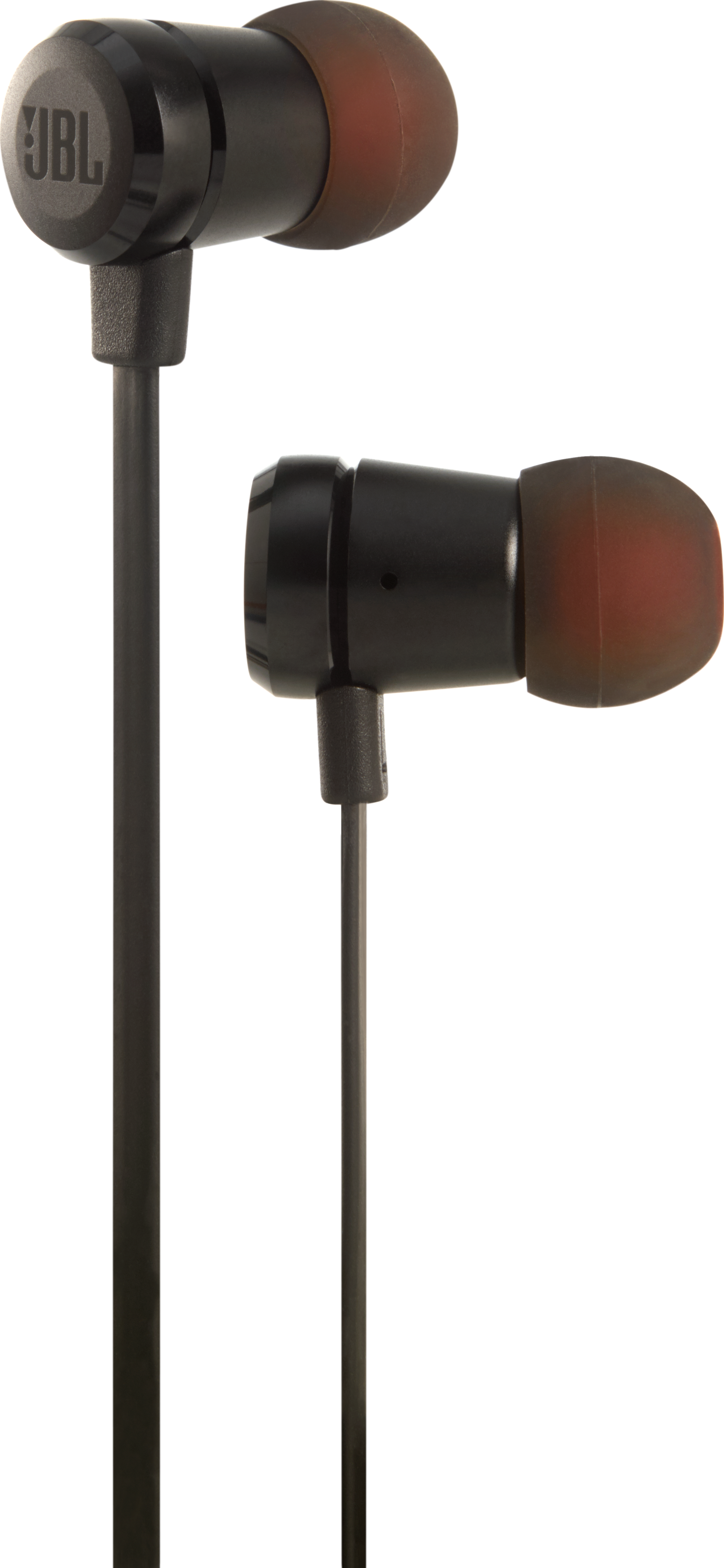Zwei schwarze JBL-Ohrhörer mit braunen Spitzen auf weißem Hintergrund. Ein Ohrhörer ist mit JBL beschriftet.
