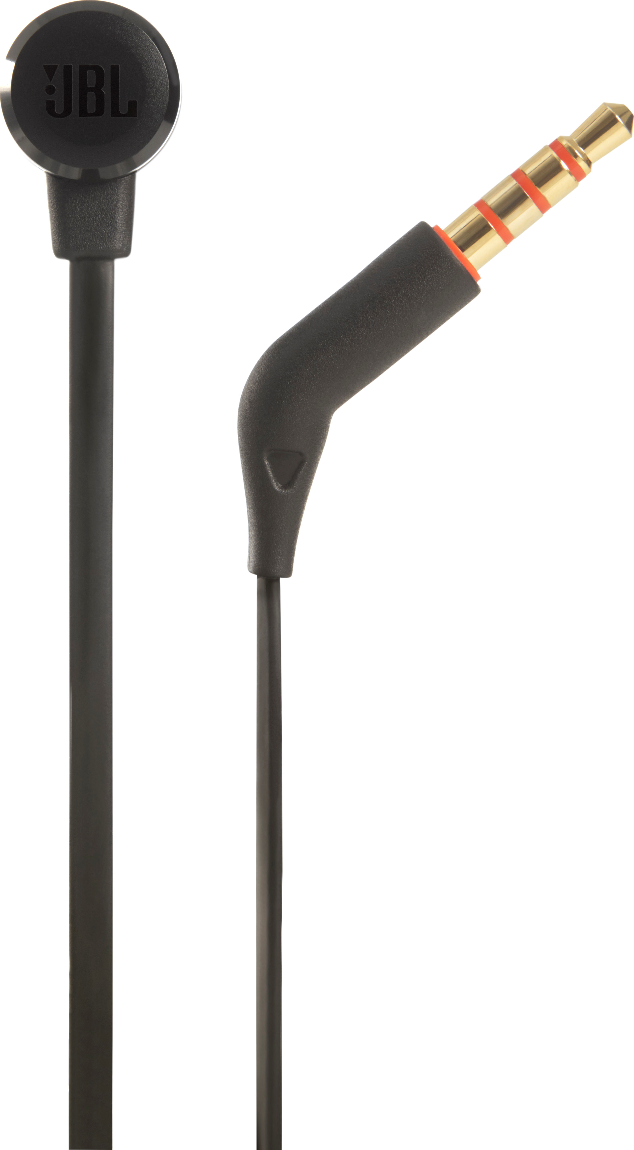 Schwarze JBL-Kopfhörer mit goldfarbenem Audioanschluss. Das Kopfhörerkabel und die Buchsenbasis sind schwarz.