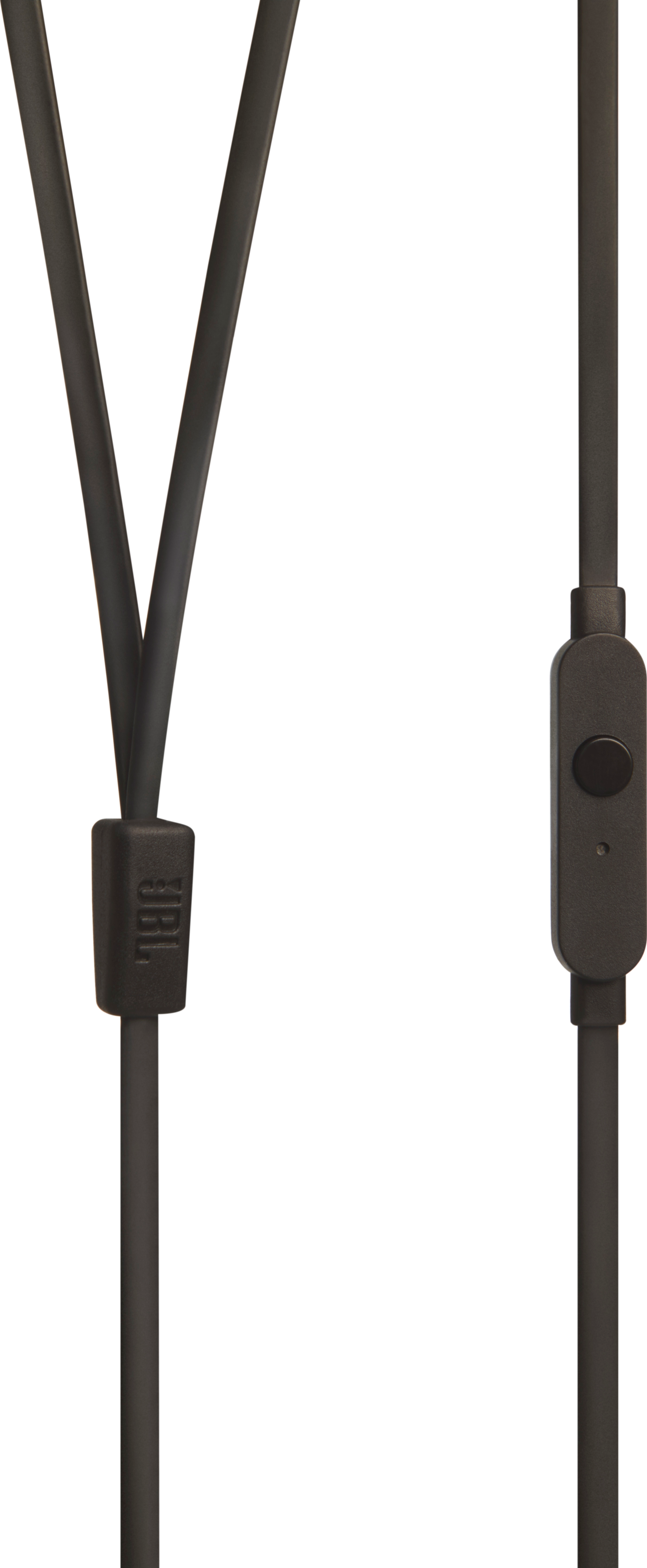 Nahaufnahme von schwarzen JBL-Kopfhörern. Kabel konvergieren und ein Bedienfeld mit Knopf ist sichtbar. Weißer Hintergrund.