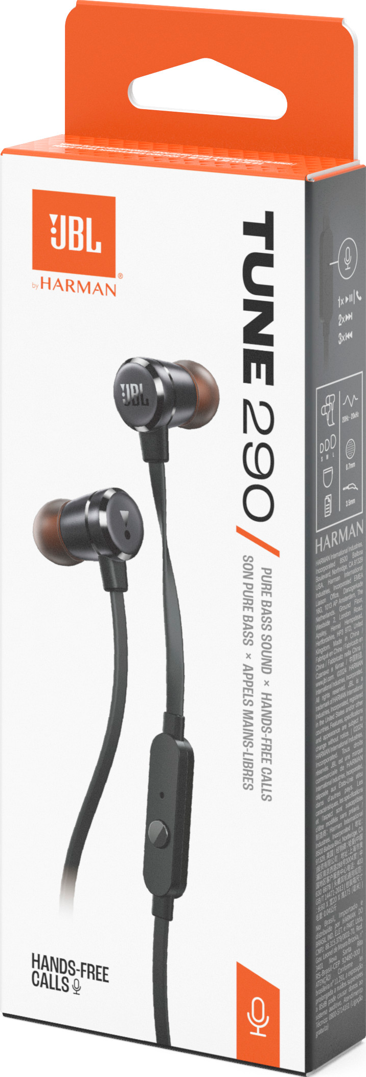 JBL Tune 290 Kopfhörer in einer Box. Schwarze Ohrhörer mit Mikrofon. Orange-weiße Verpackung.